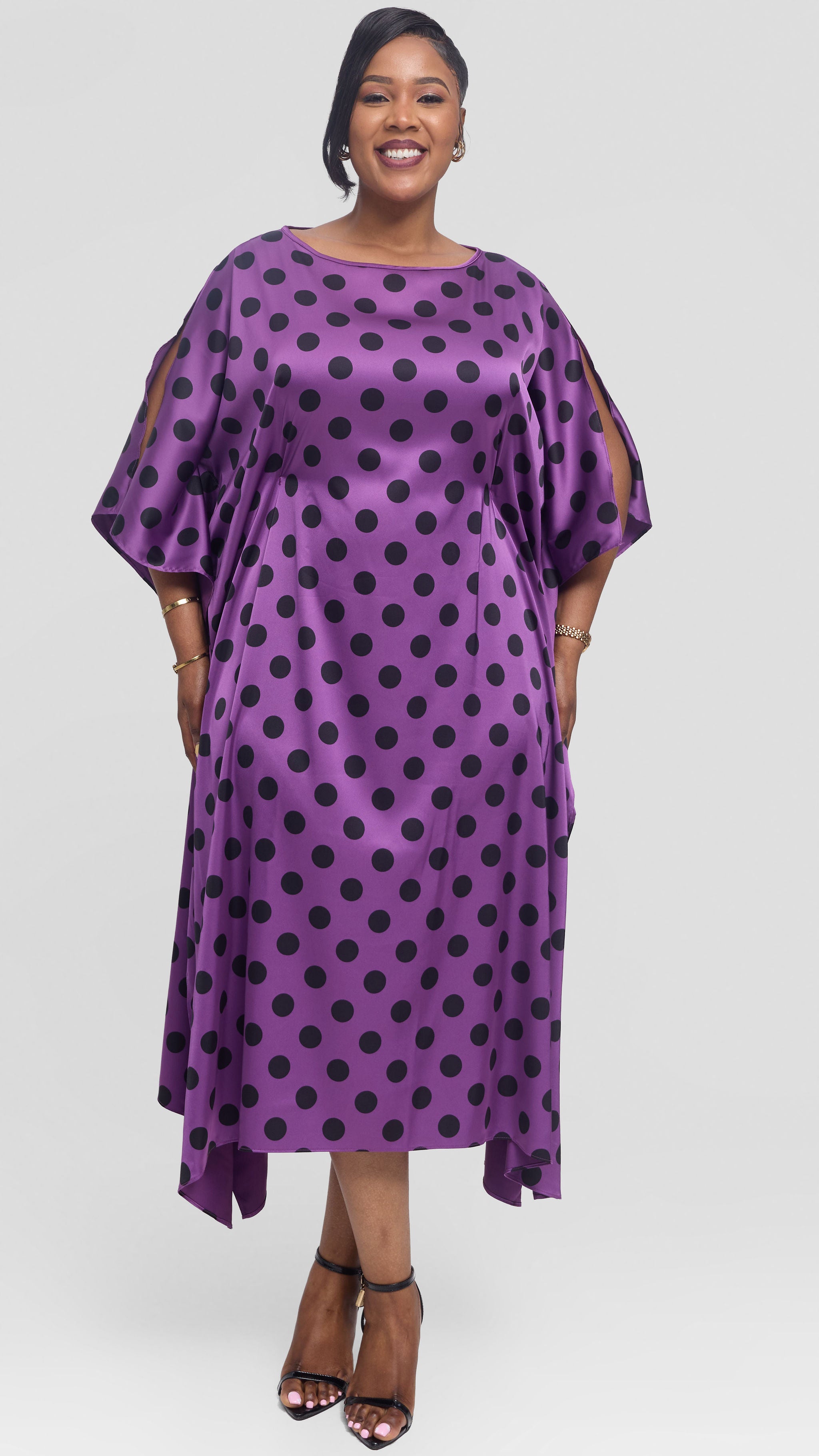 Vivo Asymmetrical Dolman Dress in Satin - Purple / Black Polka Dot