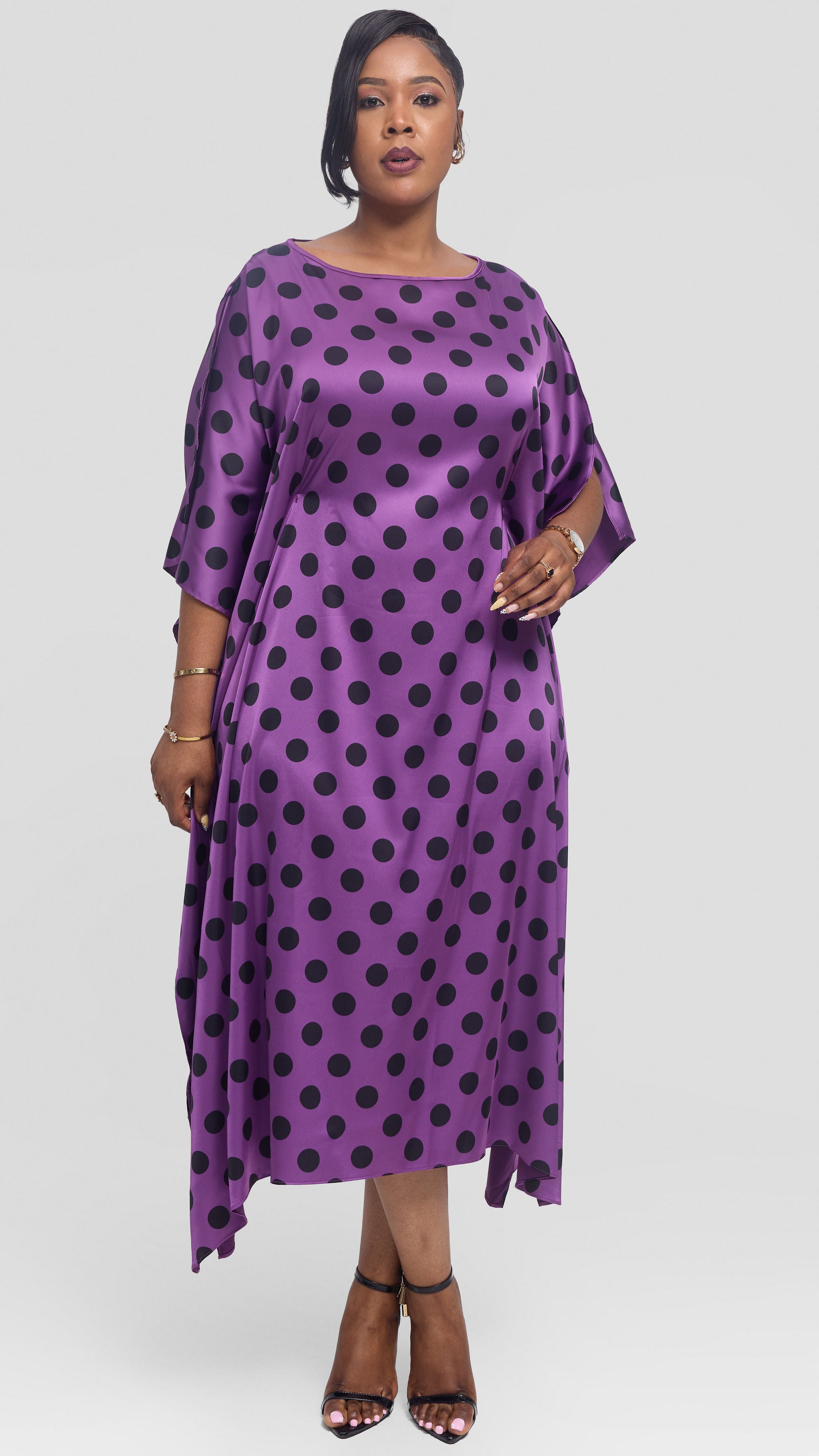 Vivo Asymmetrical Dolman Dress in Satin - Purple / Black Polka Dot