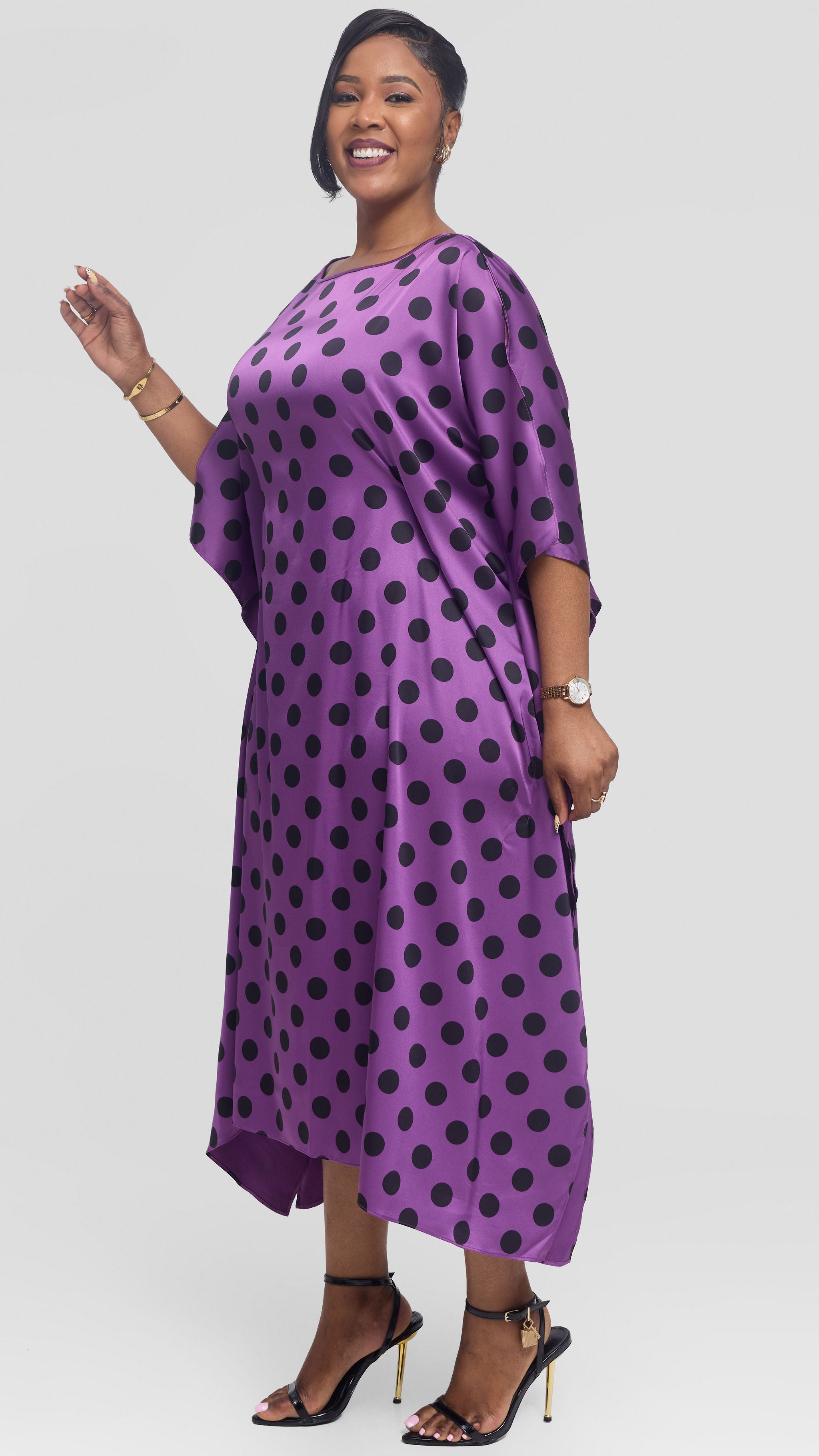 Vivo Asymmetrical Dolman Dress in Satin - Purple / Black Polka Dot