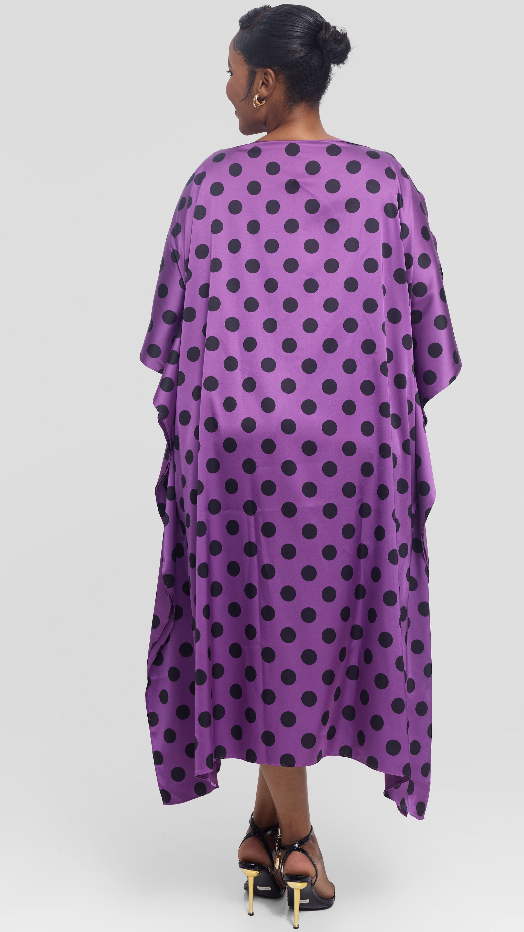 Vivo Asymmetrical Dolman Dress in Satin - Purple / Black Polka Dot