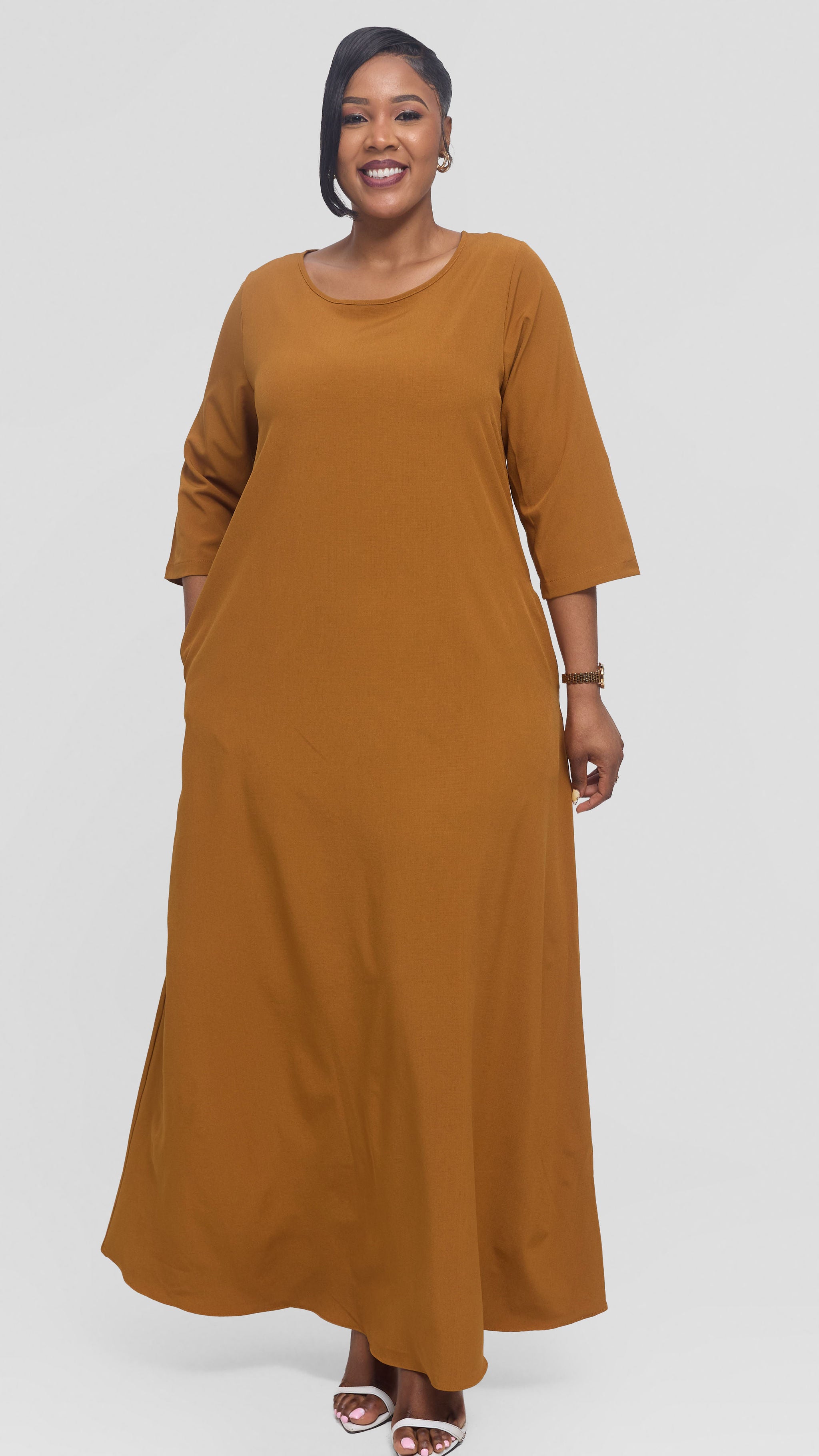 Vivo 3/4 Sleeve Maxi Dress in Crepe - Dark Mustard