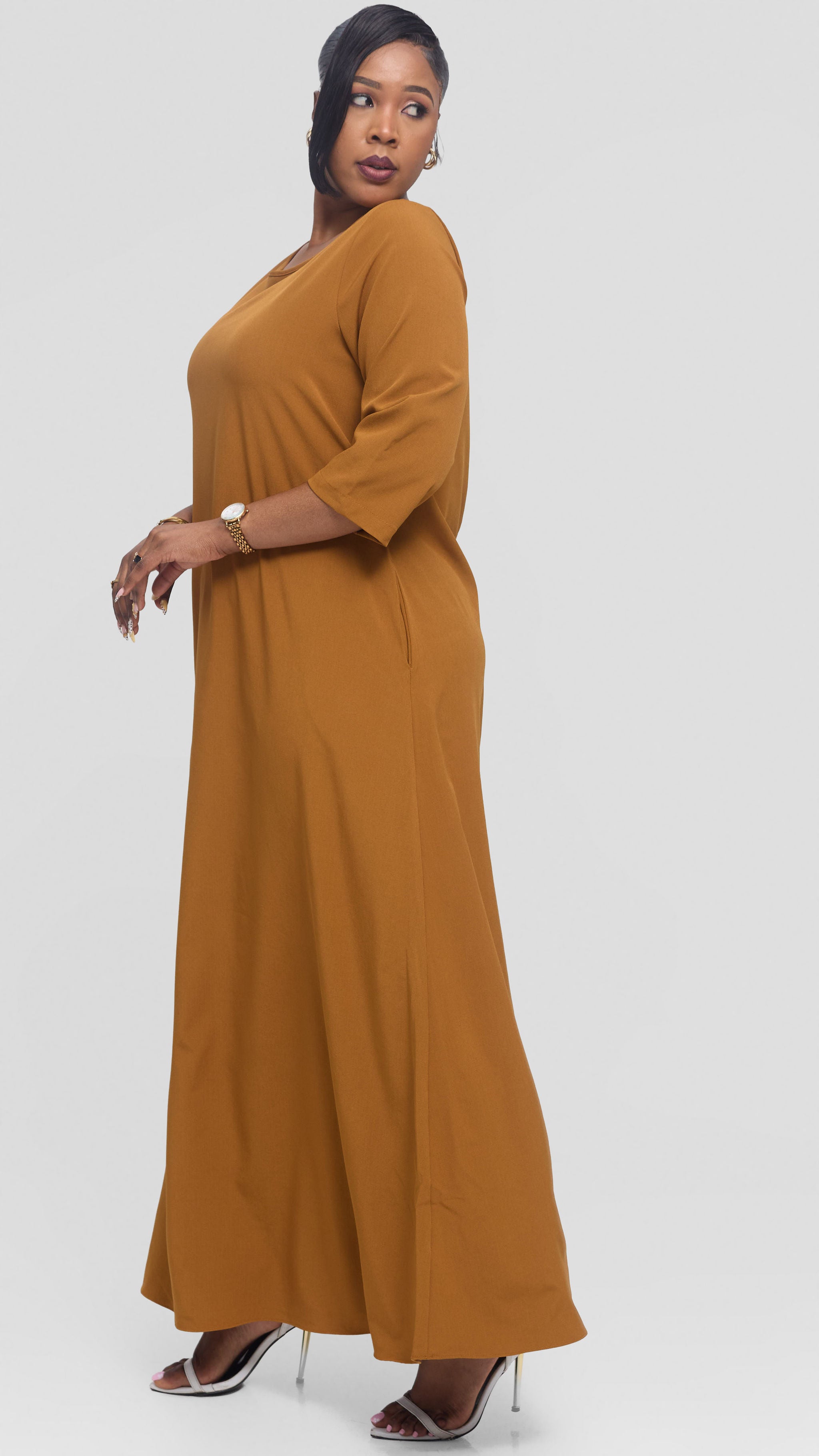 Vivo 3/4 Sleeve Maxi Dress in Crepe - Dark Mustard
