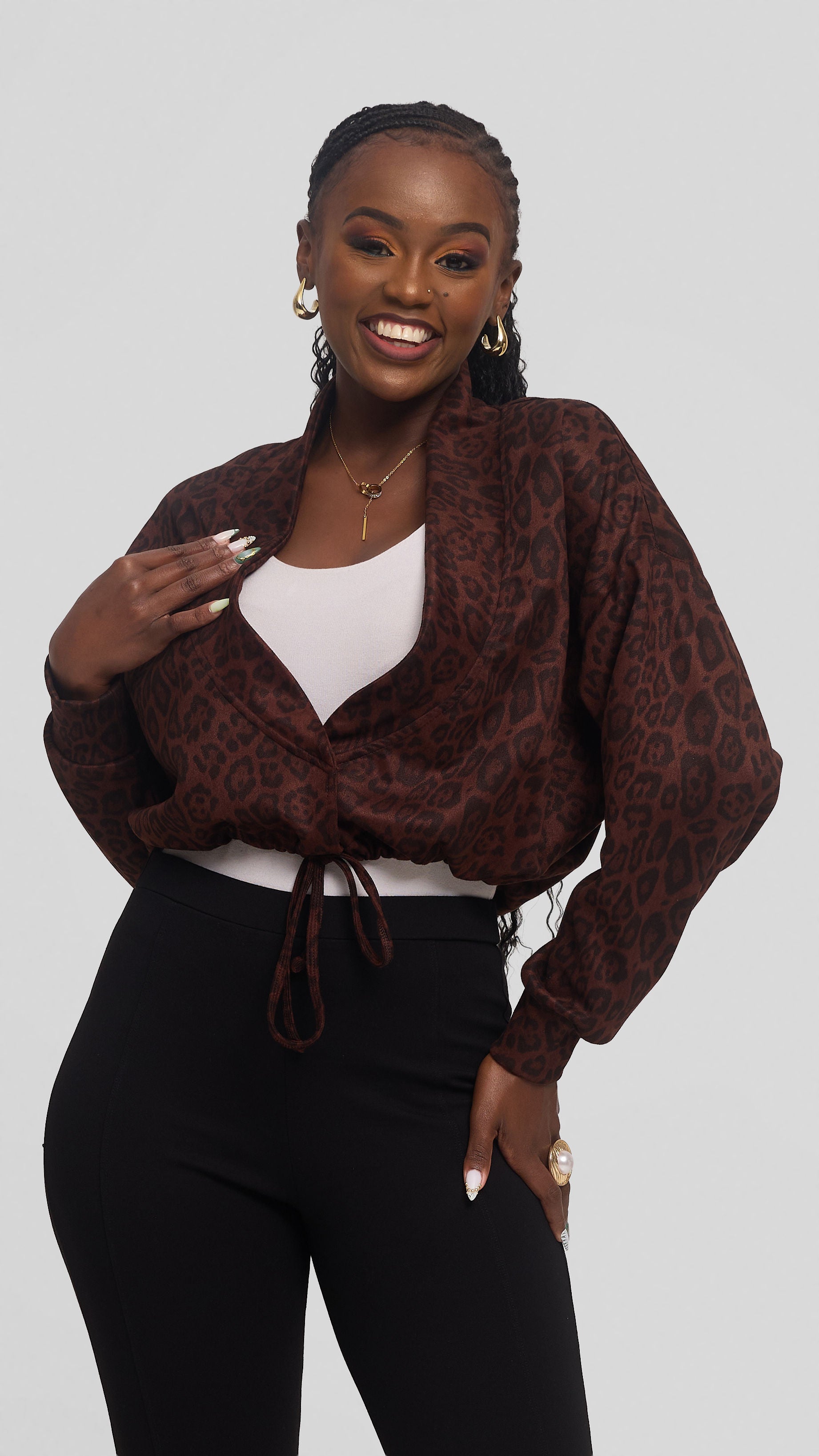 Vivo Drop Shoulder Jacket in Faux Suede - Dark Brown Print