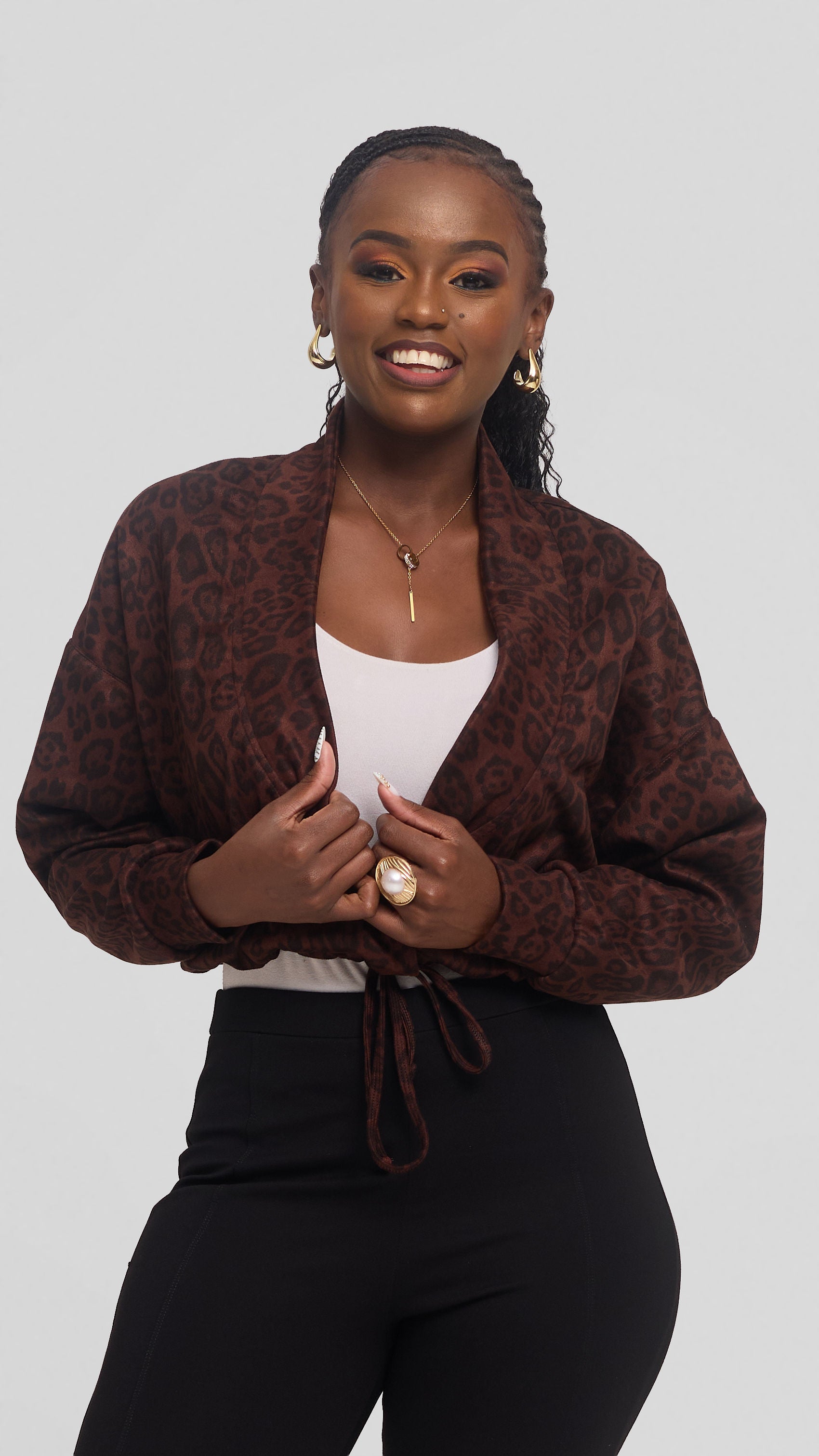 Vivo Drop Shoulder Jacket in Faux Suede - Dark Brown Print