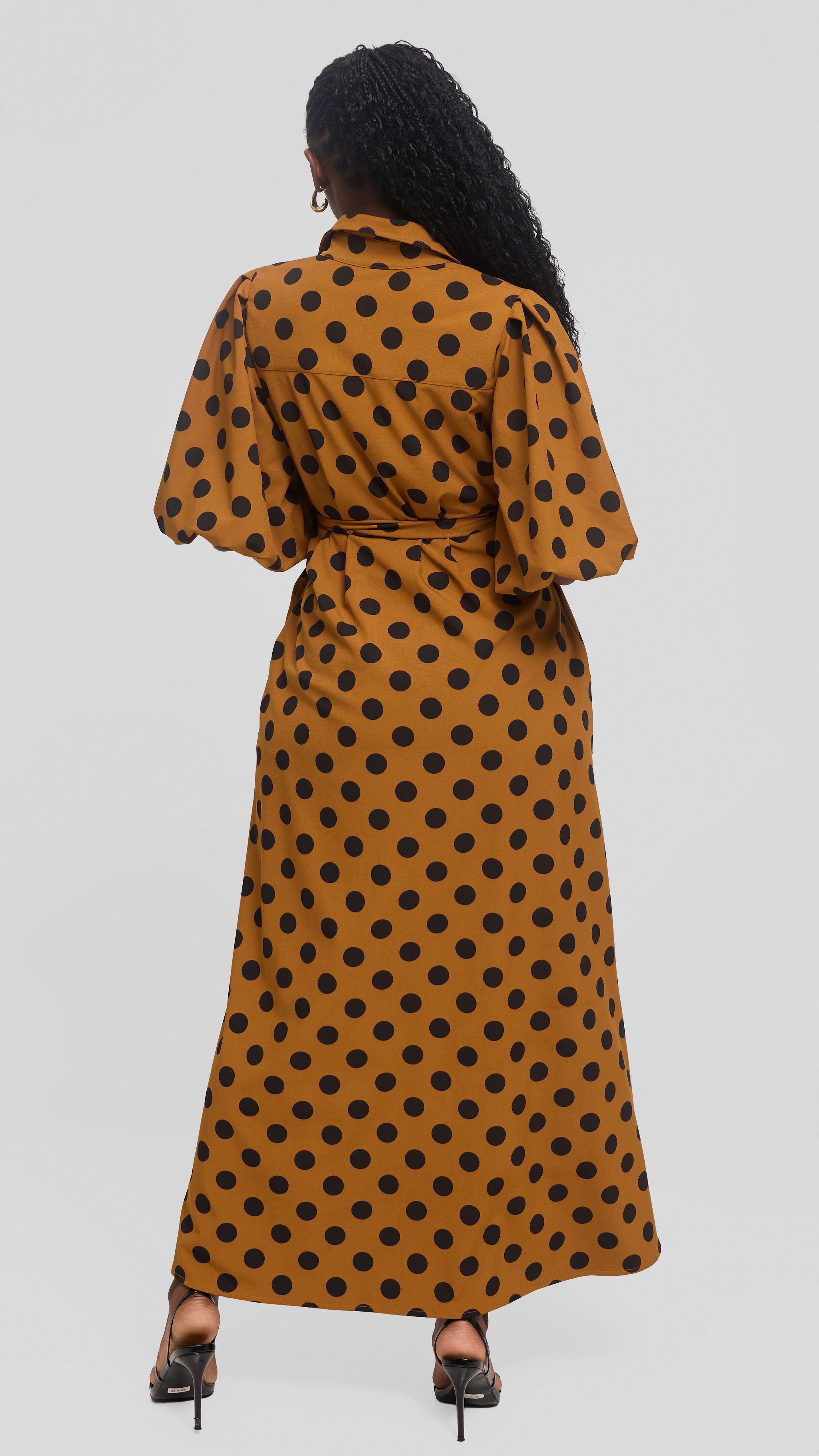 Vivo Esna Bubble Sleeve Maxi Dress in Crepe - Dark Mustard / Black Polka Dot