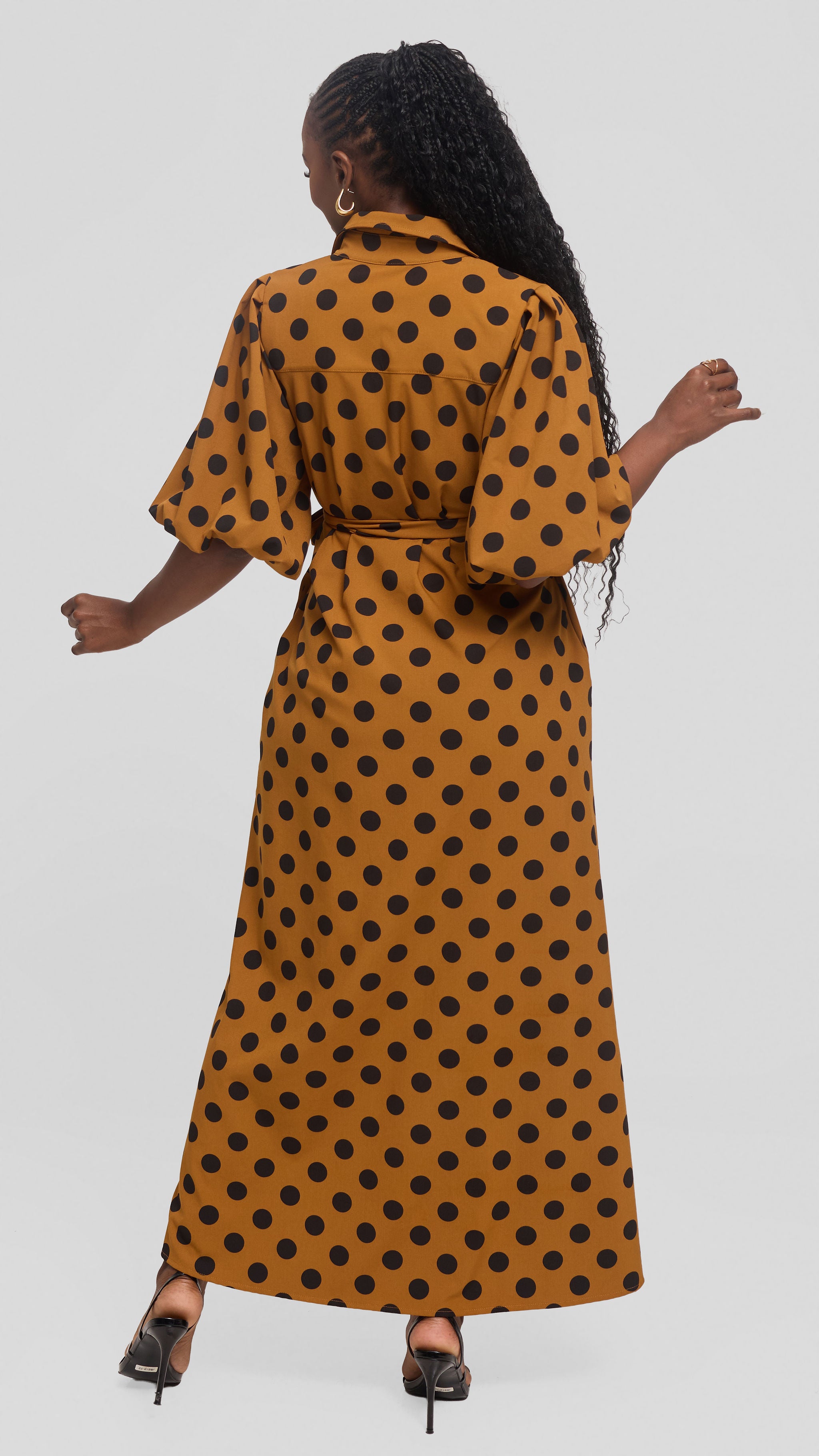Vivo Esna Bubble Sleeve Maxi Dress in Crepe - Dark Mustard / Black Polka Dot