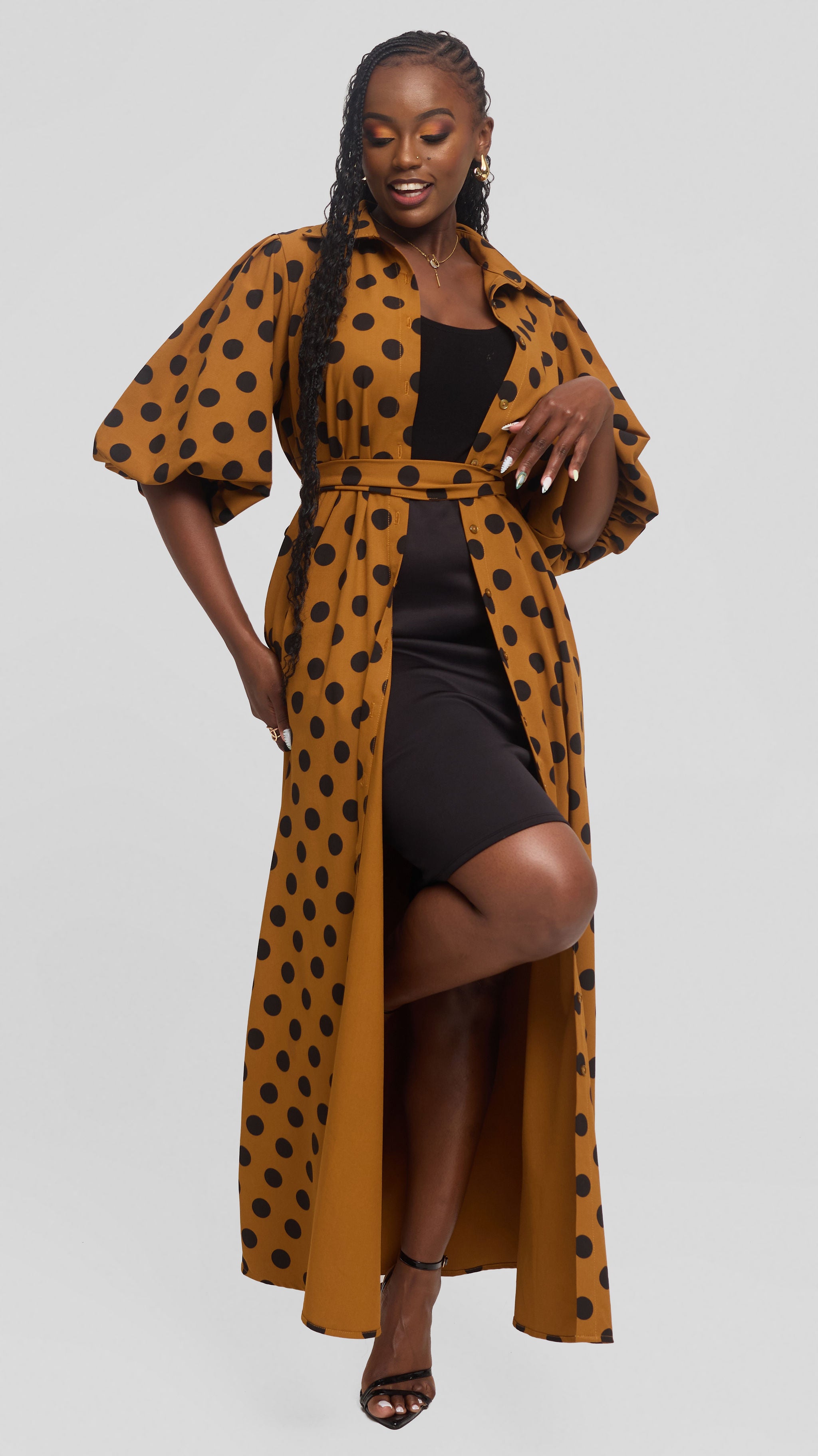 Vivo Esna Bubble Sleeve Maxi Dress in Crepe - Dark Mustard / Black Polka Dot