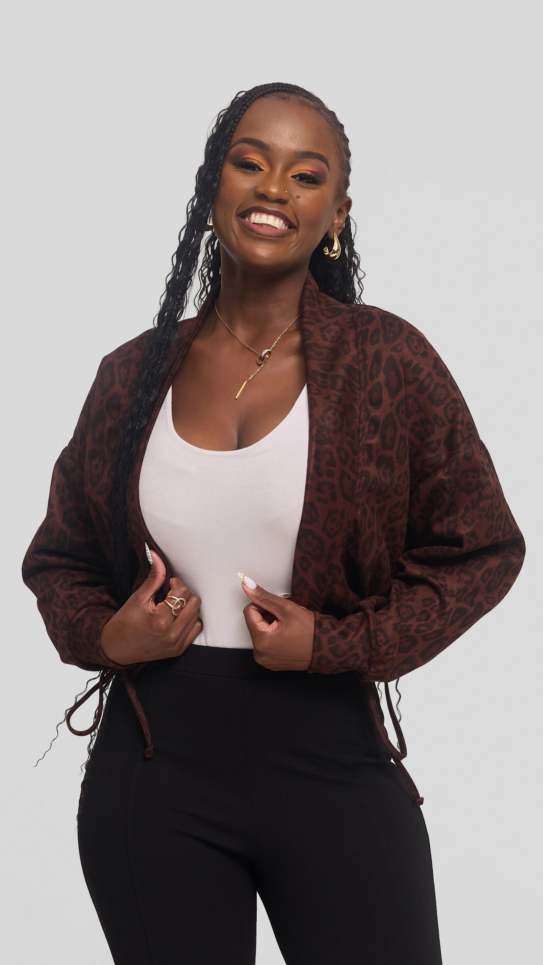 Vivo Drop Shoulder Jacket in Faux Suede - Dark Brown Print