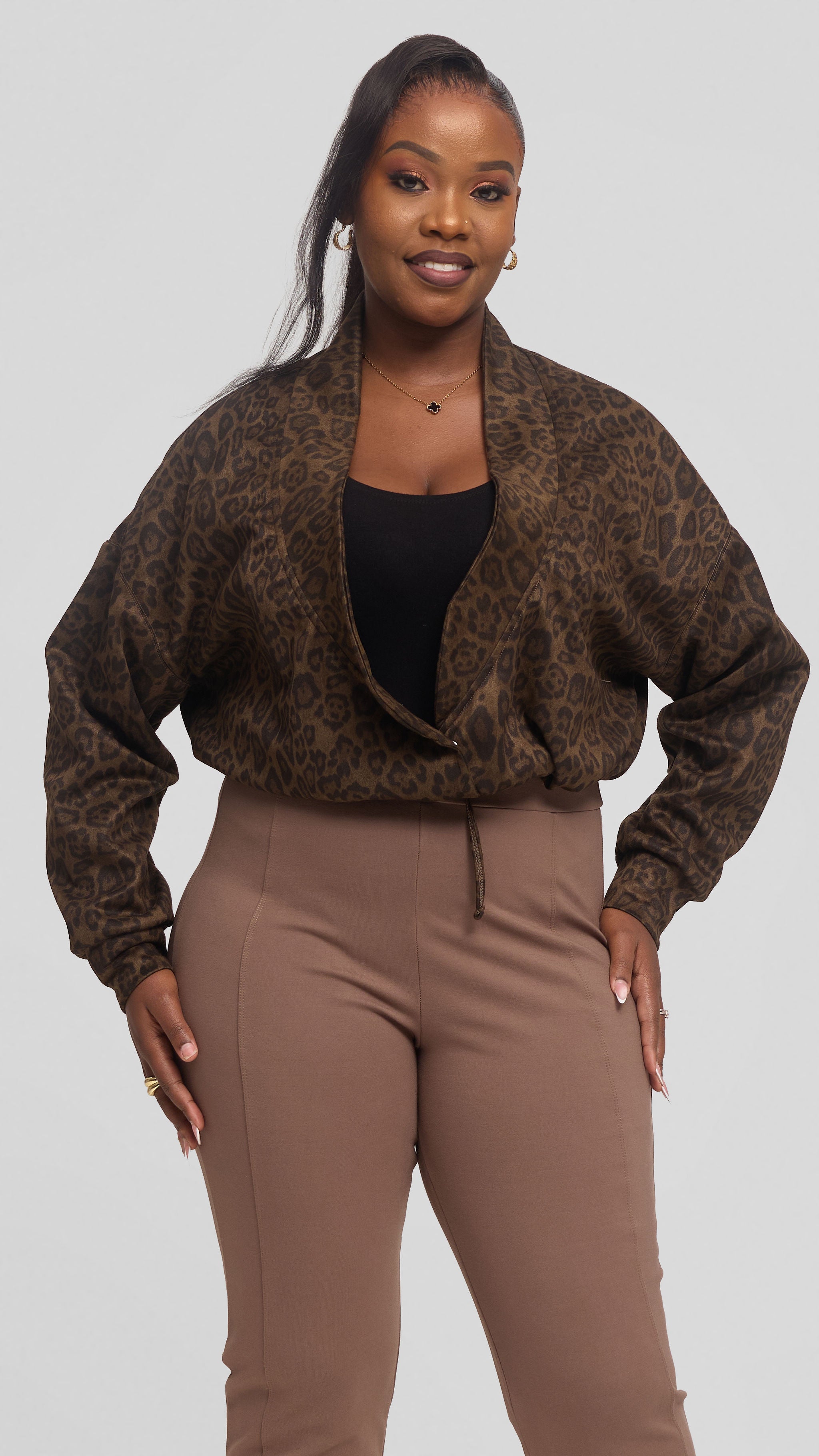 Vivo Drop Shoulder Jacket in Faux Suede - Light Olive Print