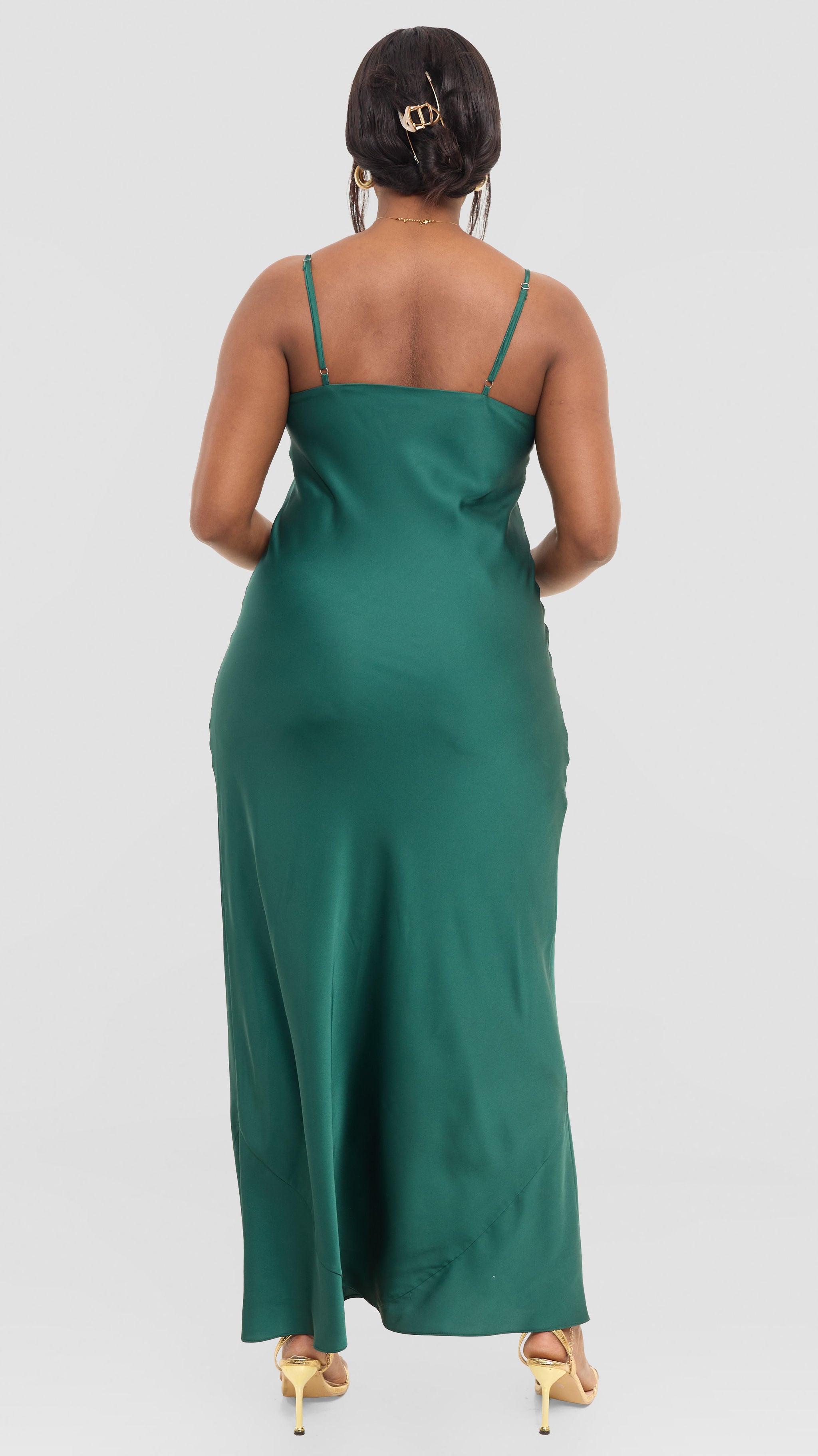 Vivo Studio Cowl Neck Maxi Dress in Satin - Dark Green
