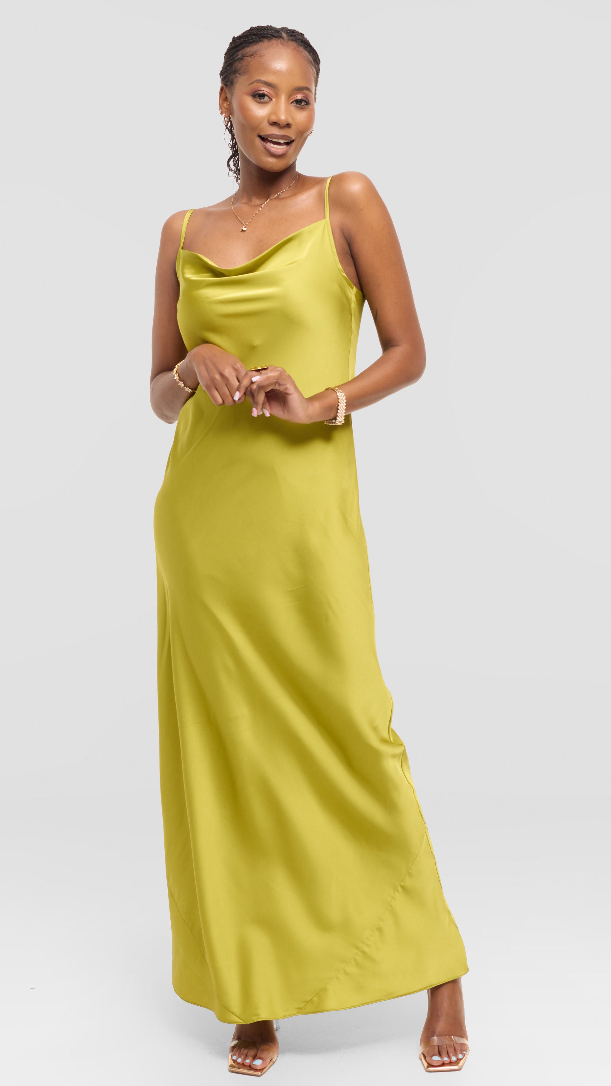 Vivo Studio Cowl Neck Maxi Dress in Satin - Olive