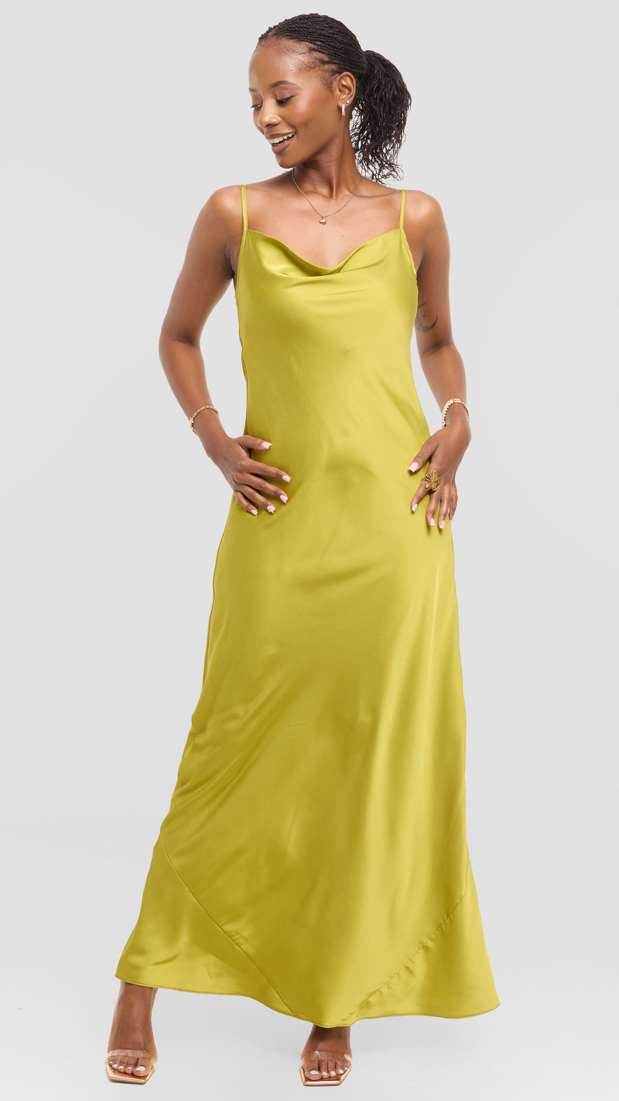 Vivo Studio Cowl Neck Maxi Dress in Satin - Olive