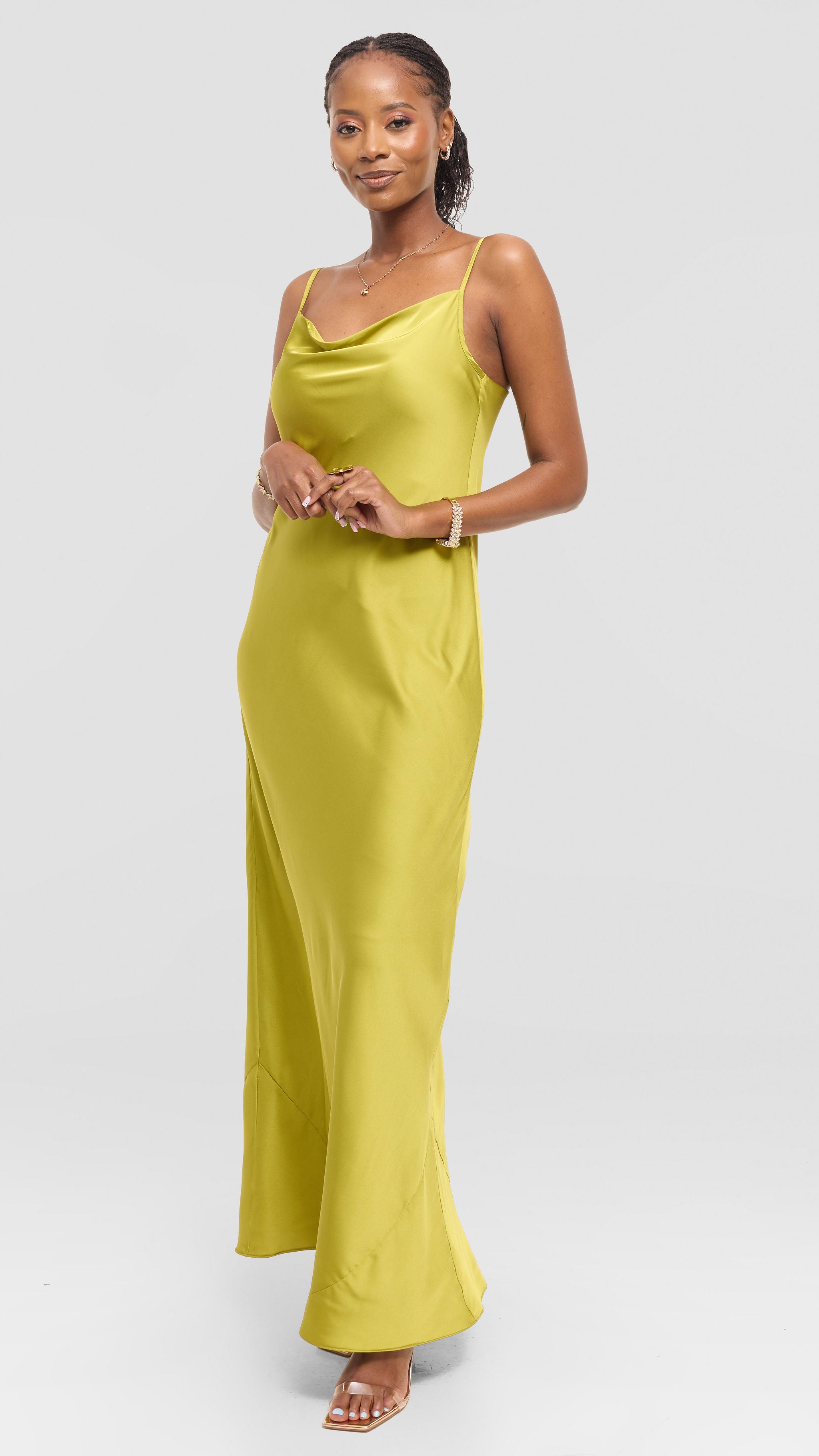 Vivo Studio Cowl Neck Maxi Dress in Satin - Olive