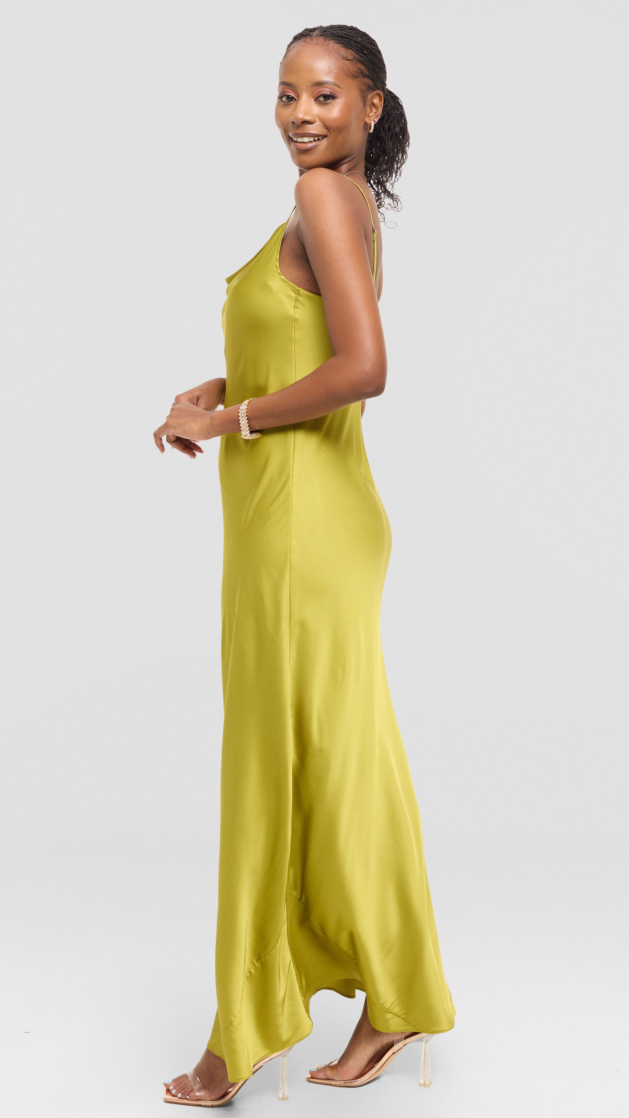 Vivo Studio Cowl Neck Maxi Dress in Satin - Olive