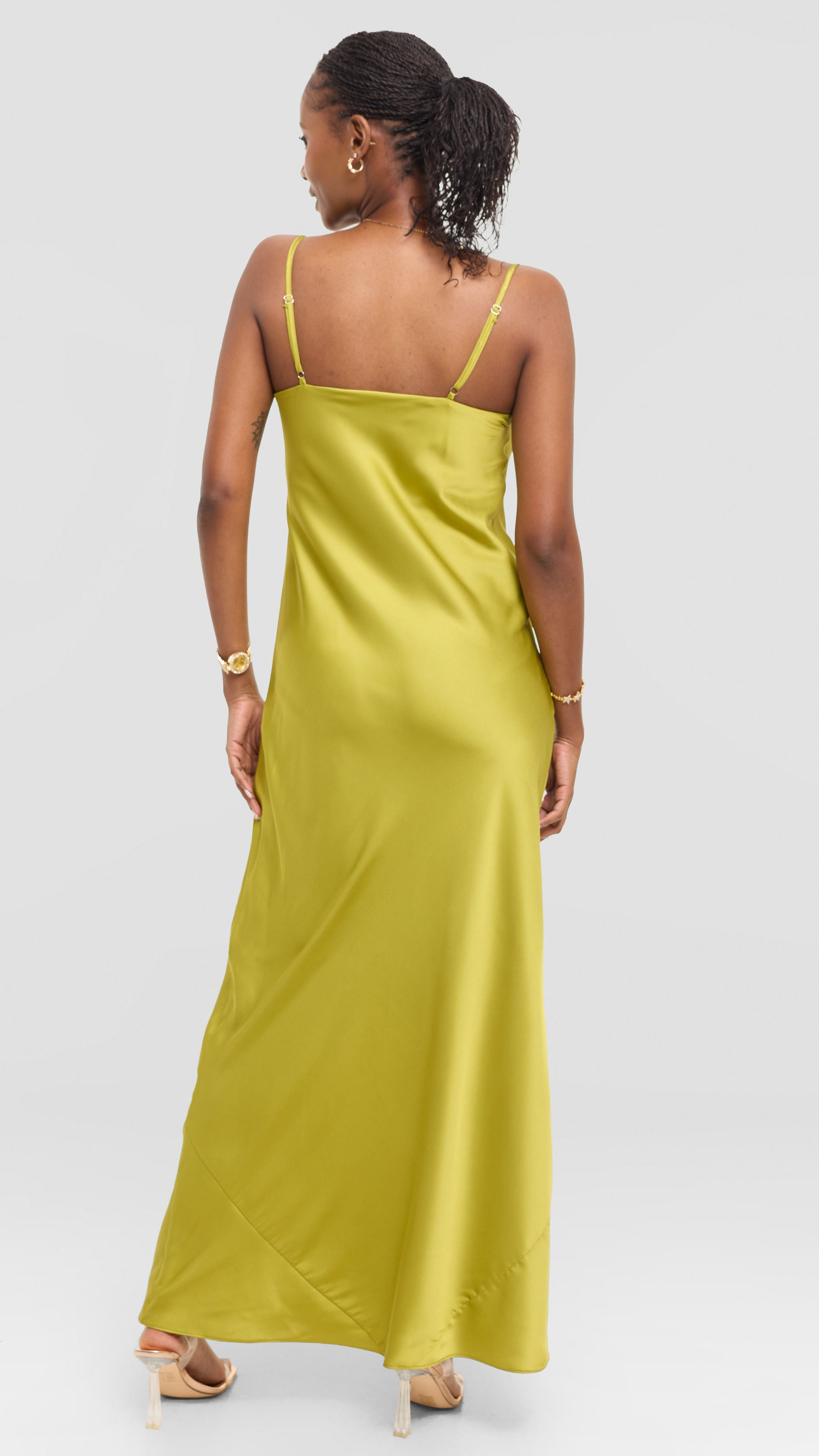 Vivo Studio Cowl Neck Maxi Dress in Satin - Olive