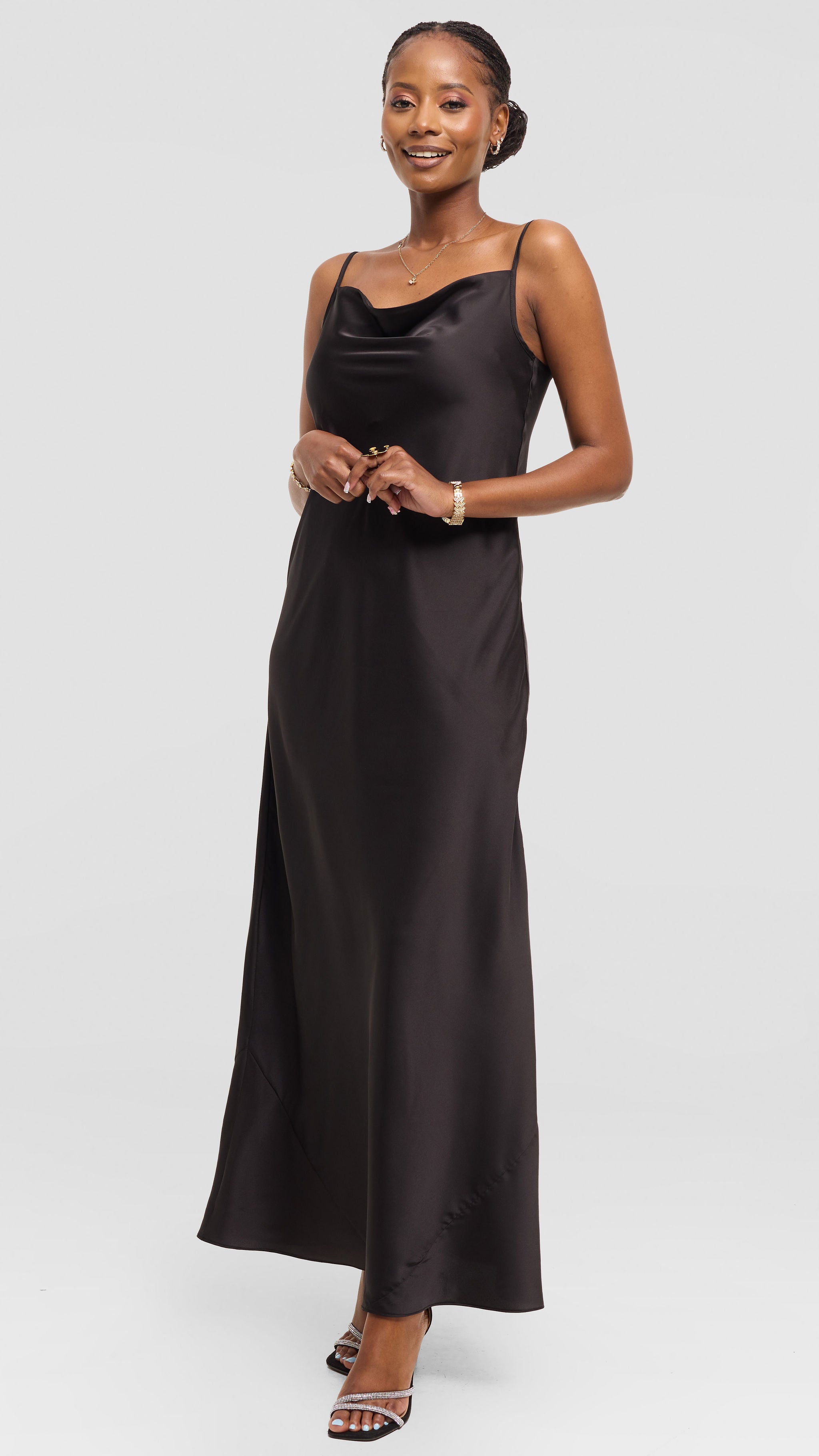 Vivo Studio Cowl Neck Maxi Dress in Satin - Black