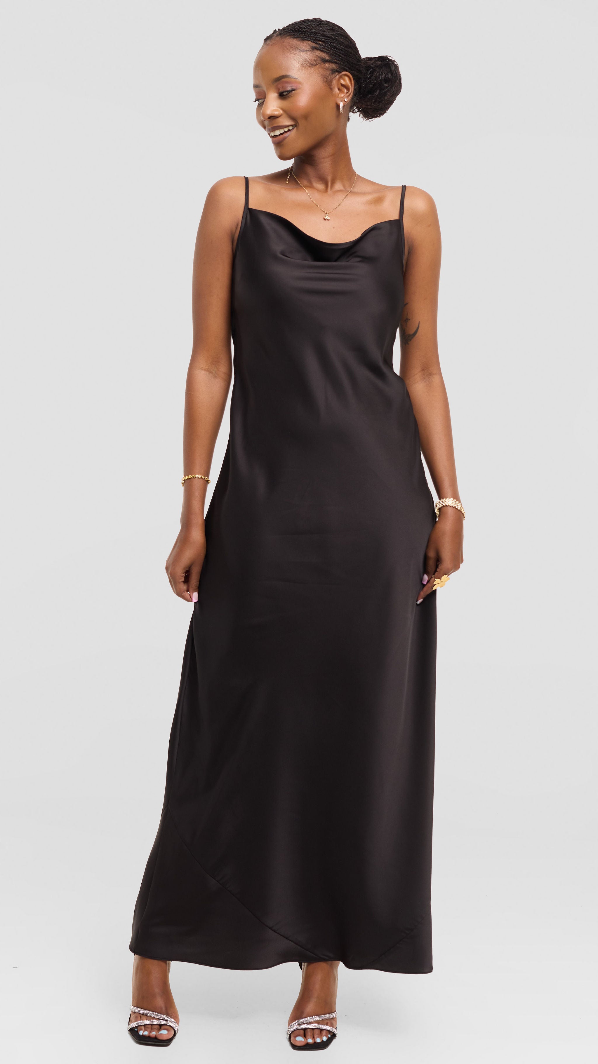 Vivo Studio Cowl Neck Maxi Dress in Satin - Black