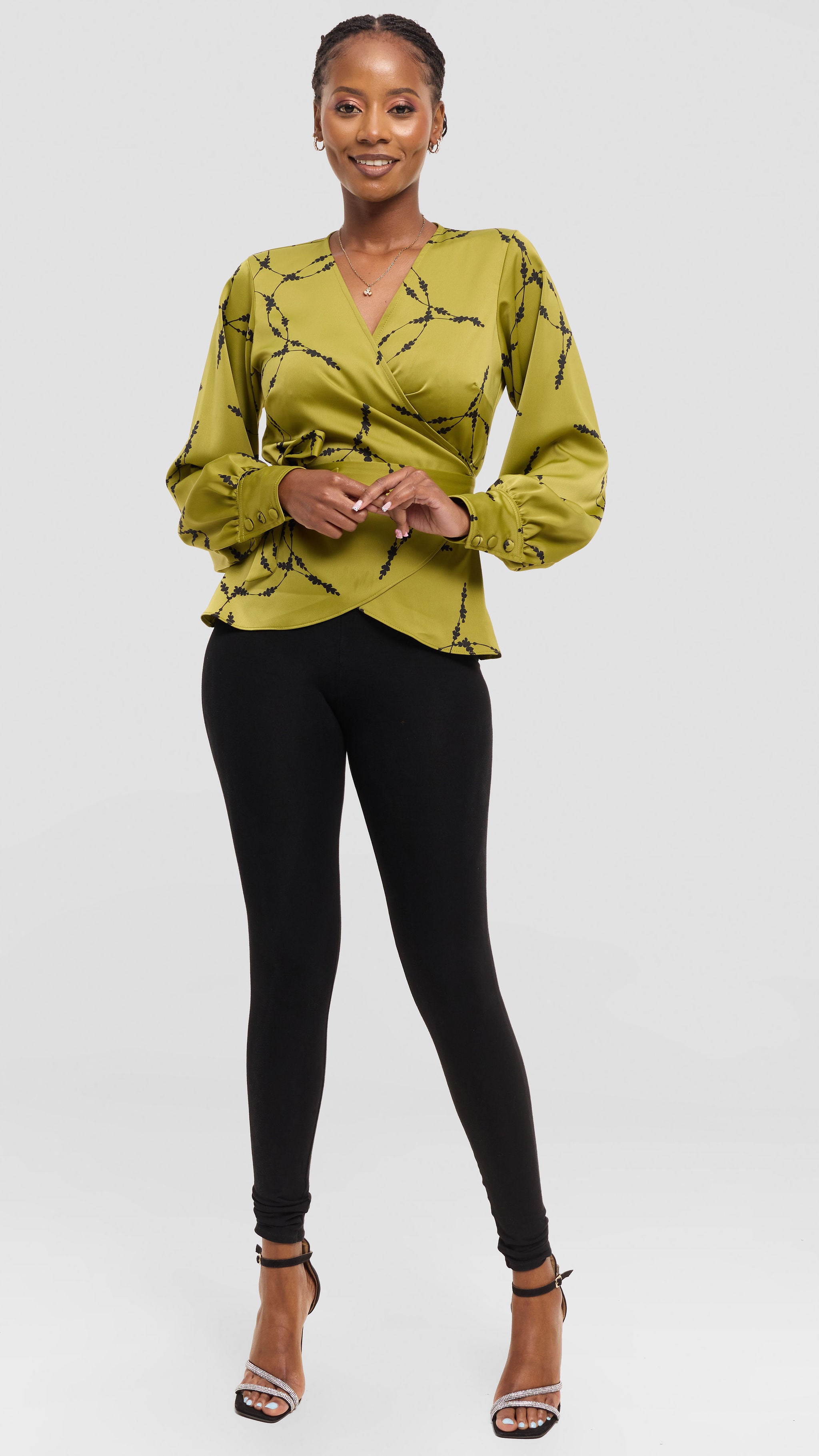 Vivo Merika Wrap Top in Satin - Olive / Black Shina Print