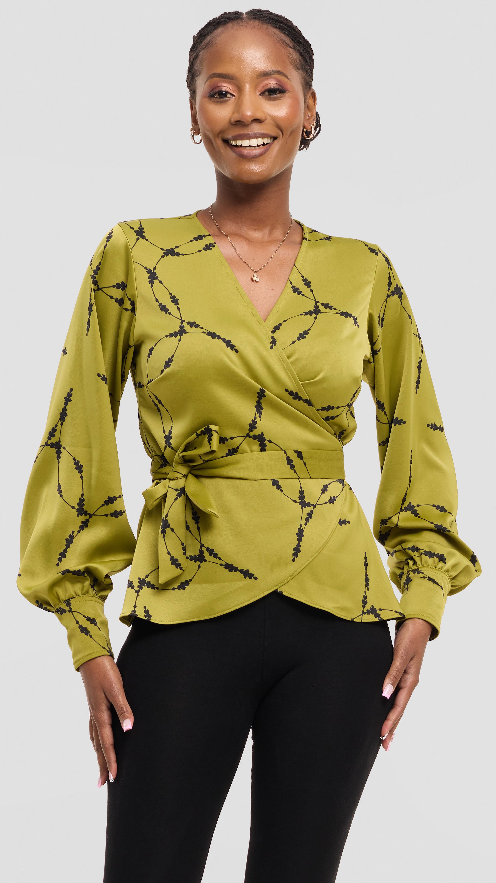 Vivo Merika Wrap Top in Satin - Olive / Black Shina Print