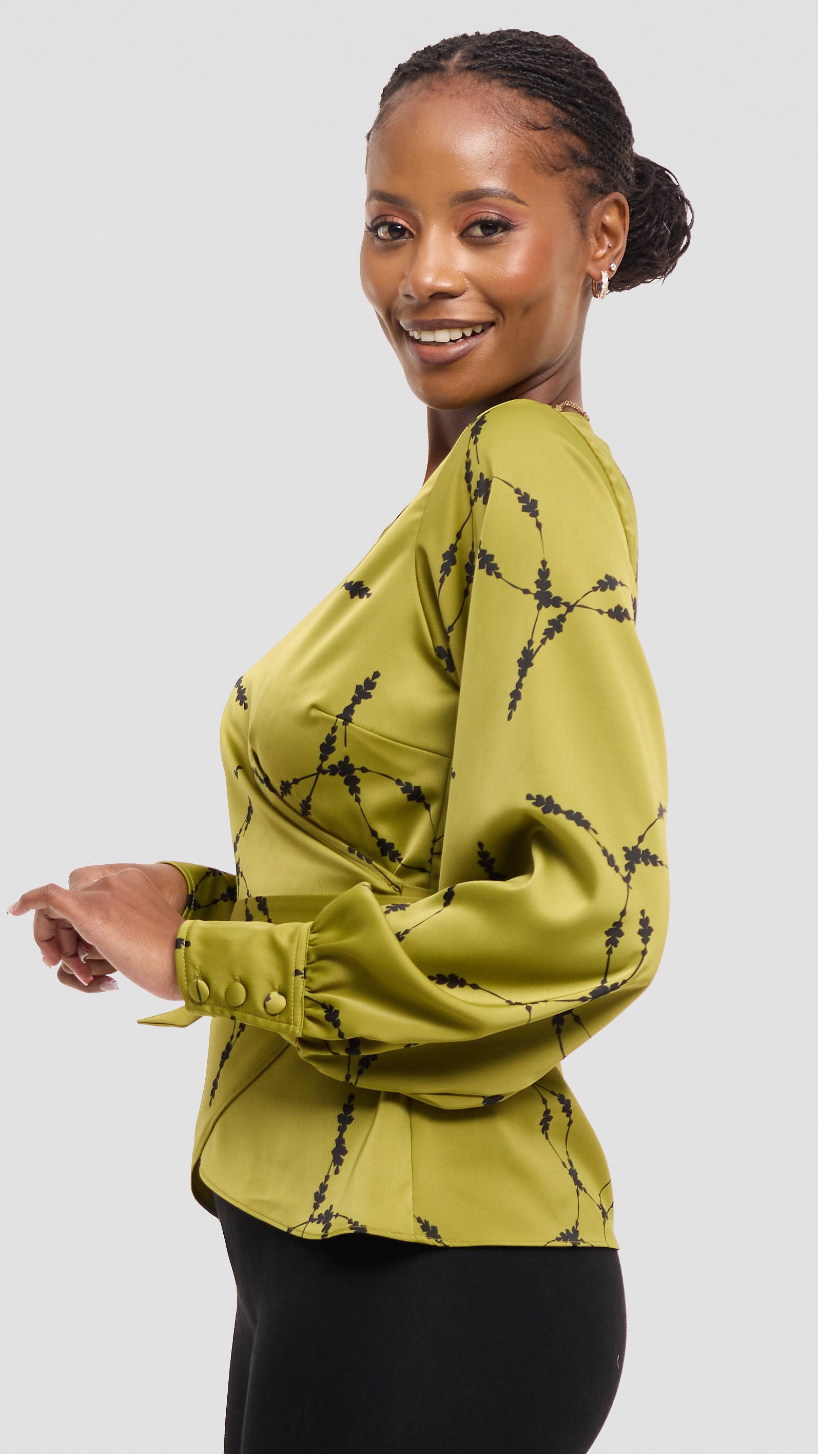 Vivo Merika Wrap Top in Satin - Olive / Black Shina Print