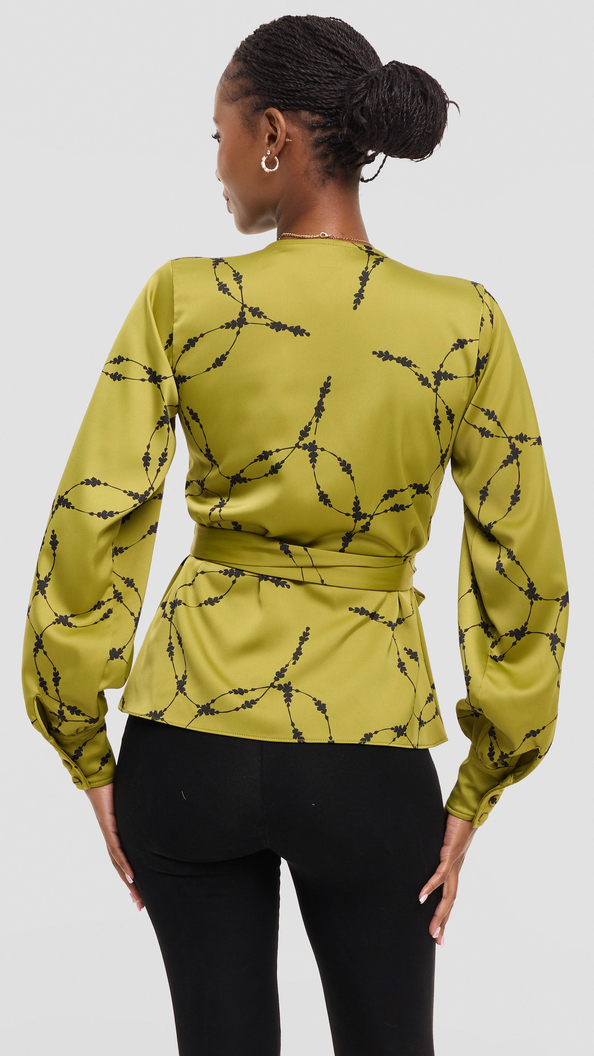 Vivo Merika Wrap Top in Satin - Olive / Black Shina Print