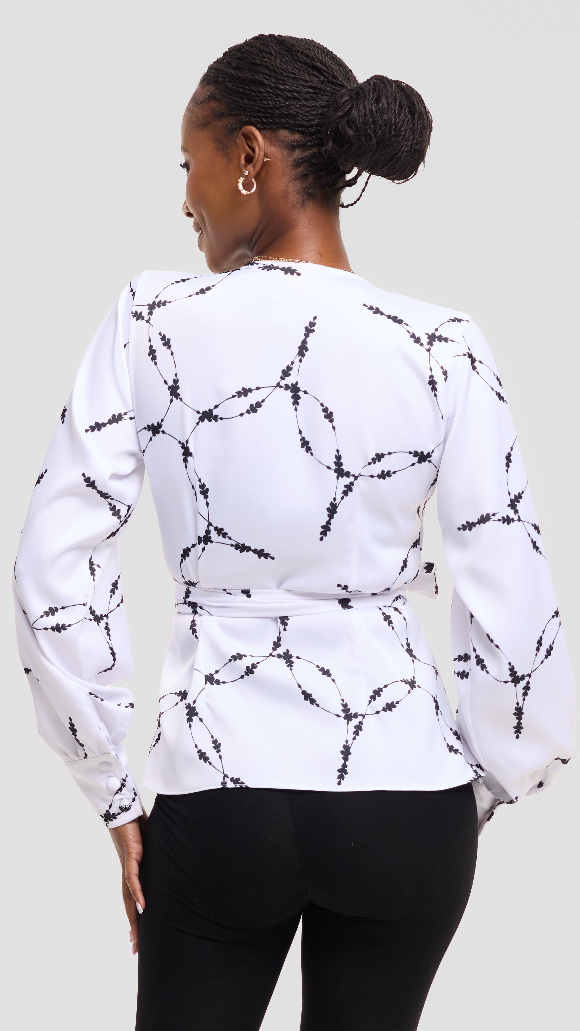 Vivo Merika Wrap Top in Satin - White / Black Shina Print