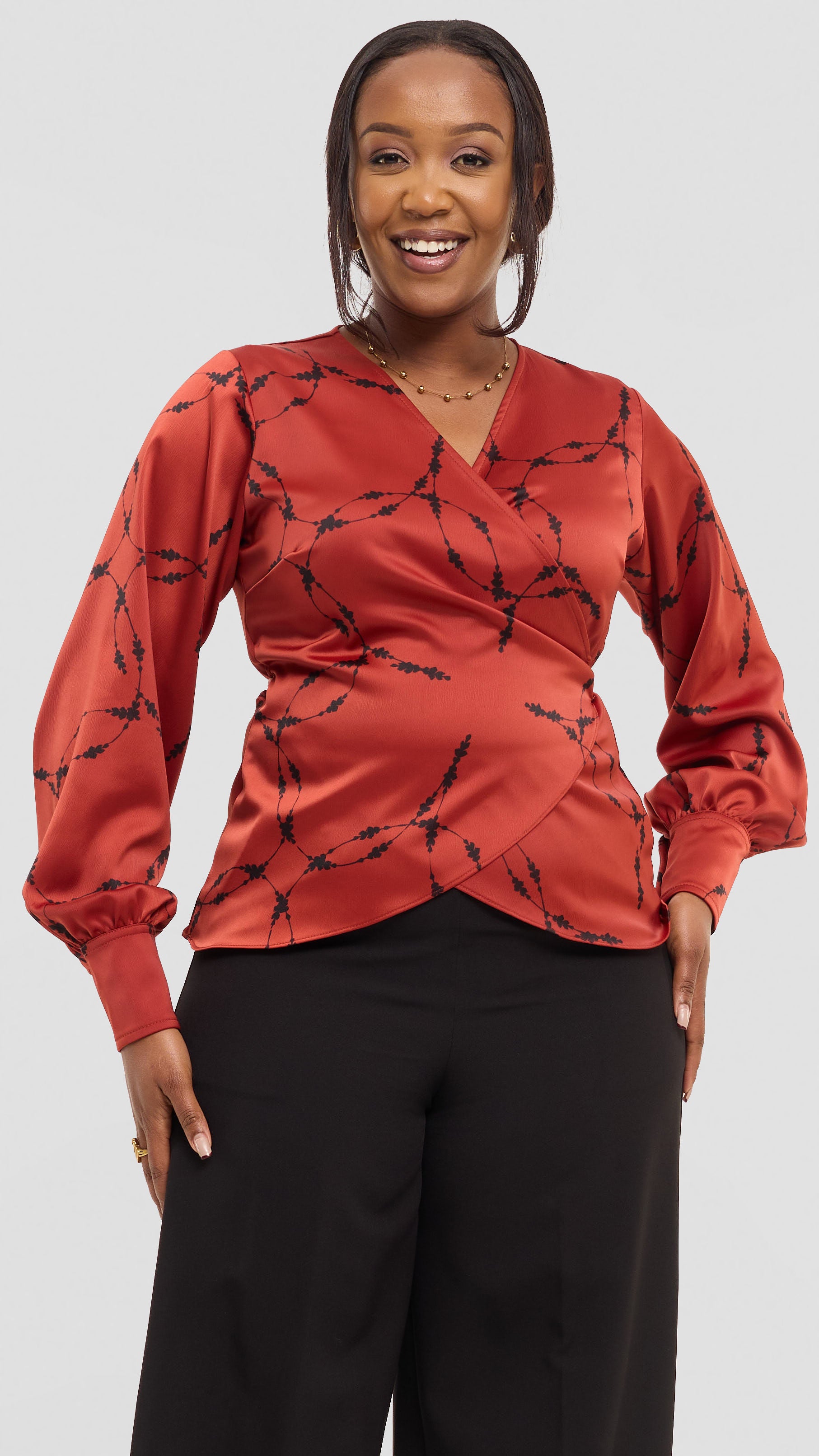Vivo Merika Wrap Top in Satin - Rust / Black Shina Print