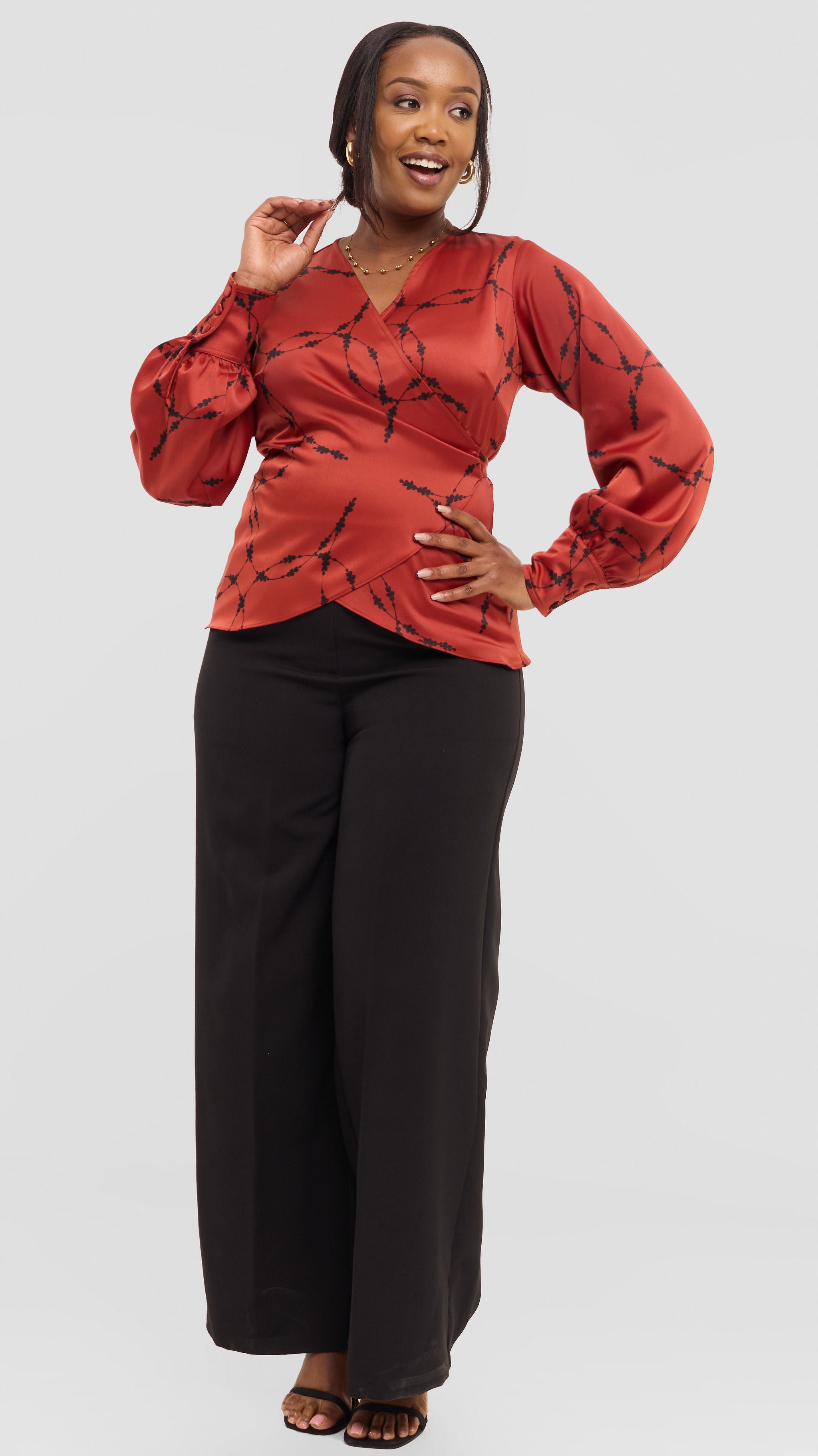 Vivo Merika Wrap Top in Satin - Rust / Black Shina Print