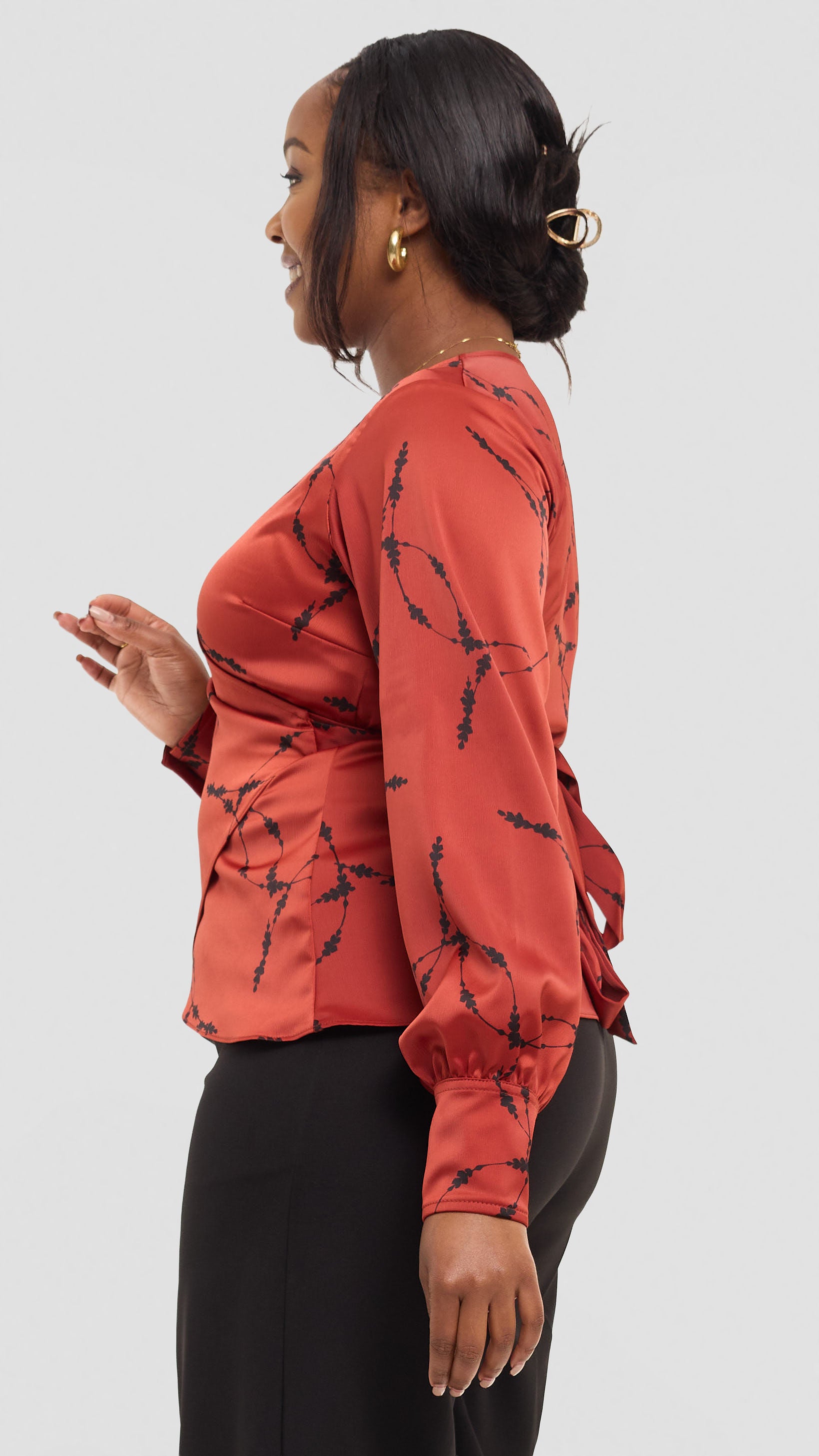 Vivo Merika Wrap Top in Satin - Rust / Black Shina Print