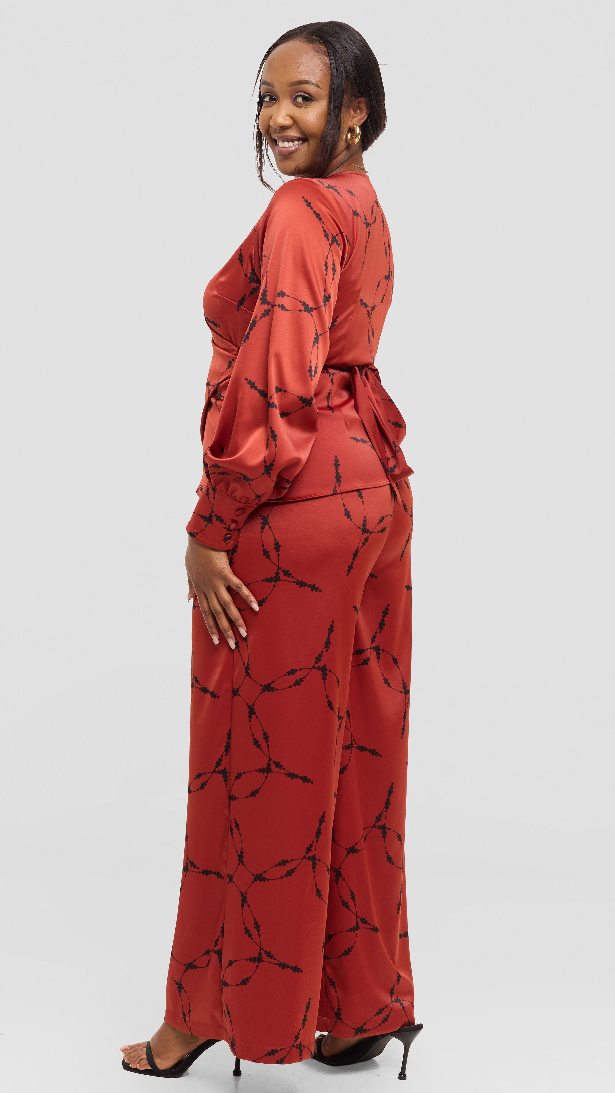 Vivo Merika Wrap Top in Satin - Rust / Black Shina Print