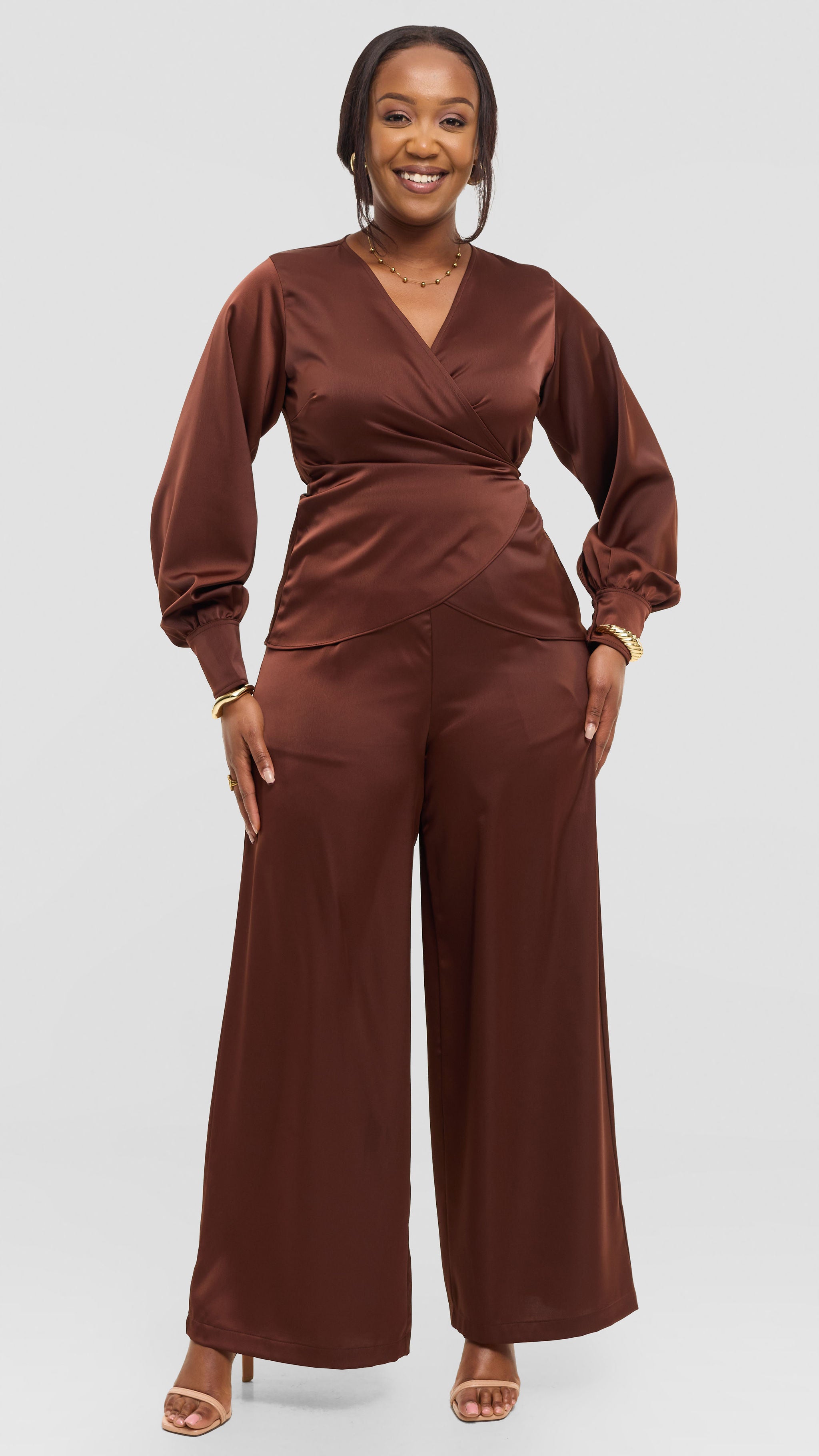 Vivo Merika Wrap Top in Satin - Chocolate