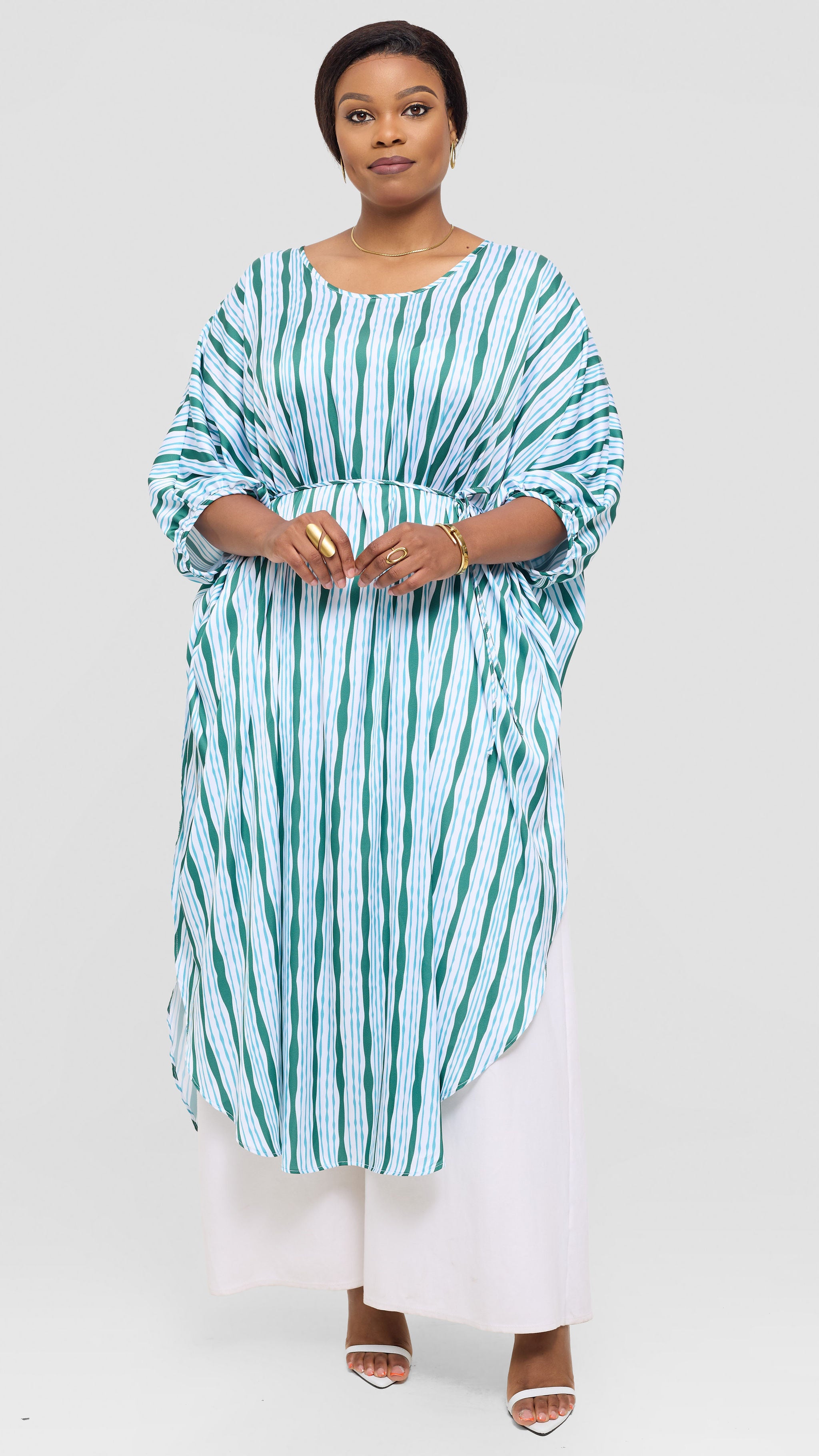 Vivo Essi Scalloped Maxi Top in Satin - White / Teal Huwa Print