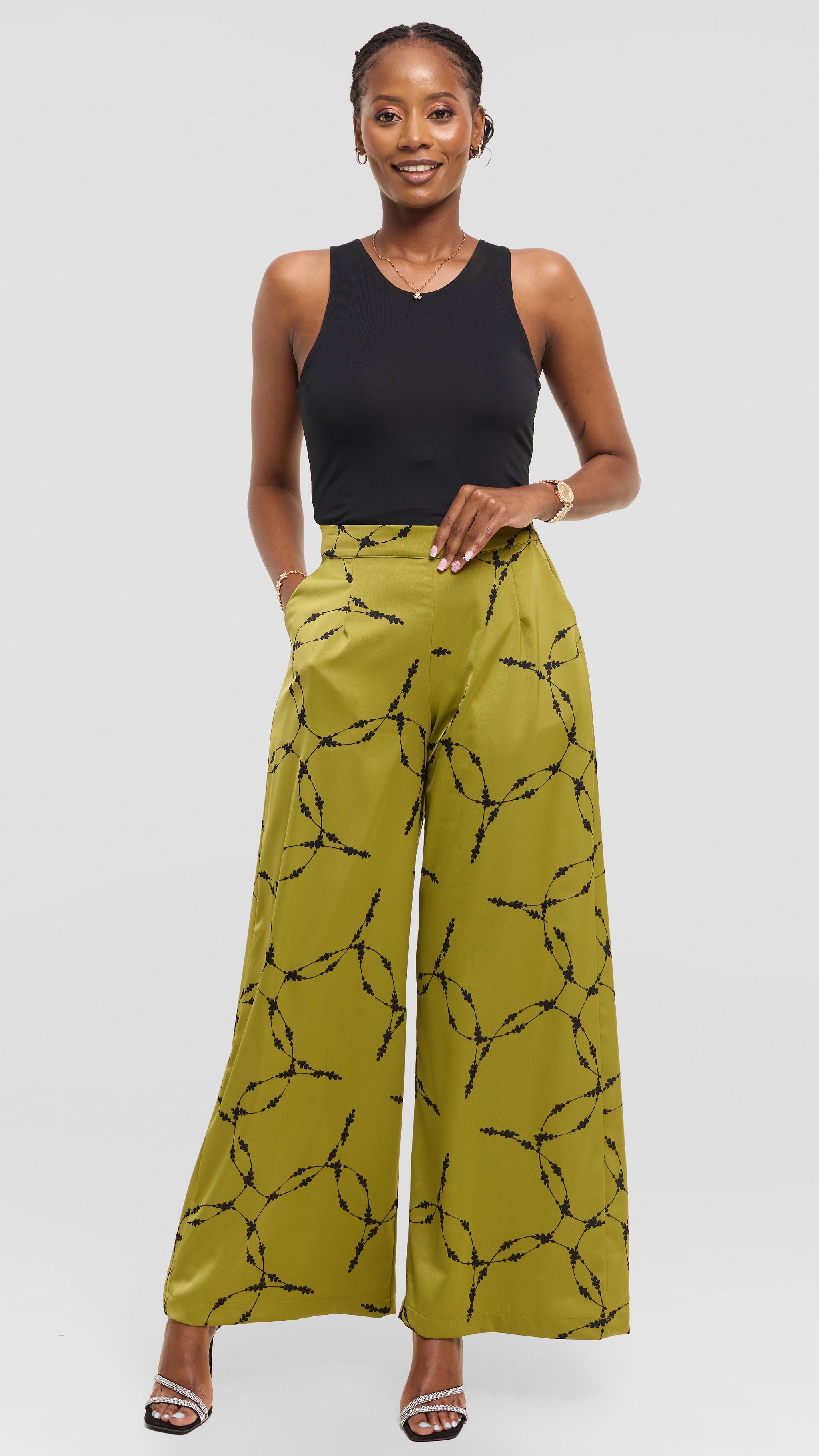 Vivo Essi Wide Leg Pants in Satin - Olive / Black Shina Print