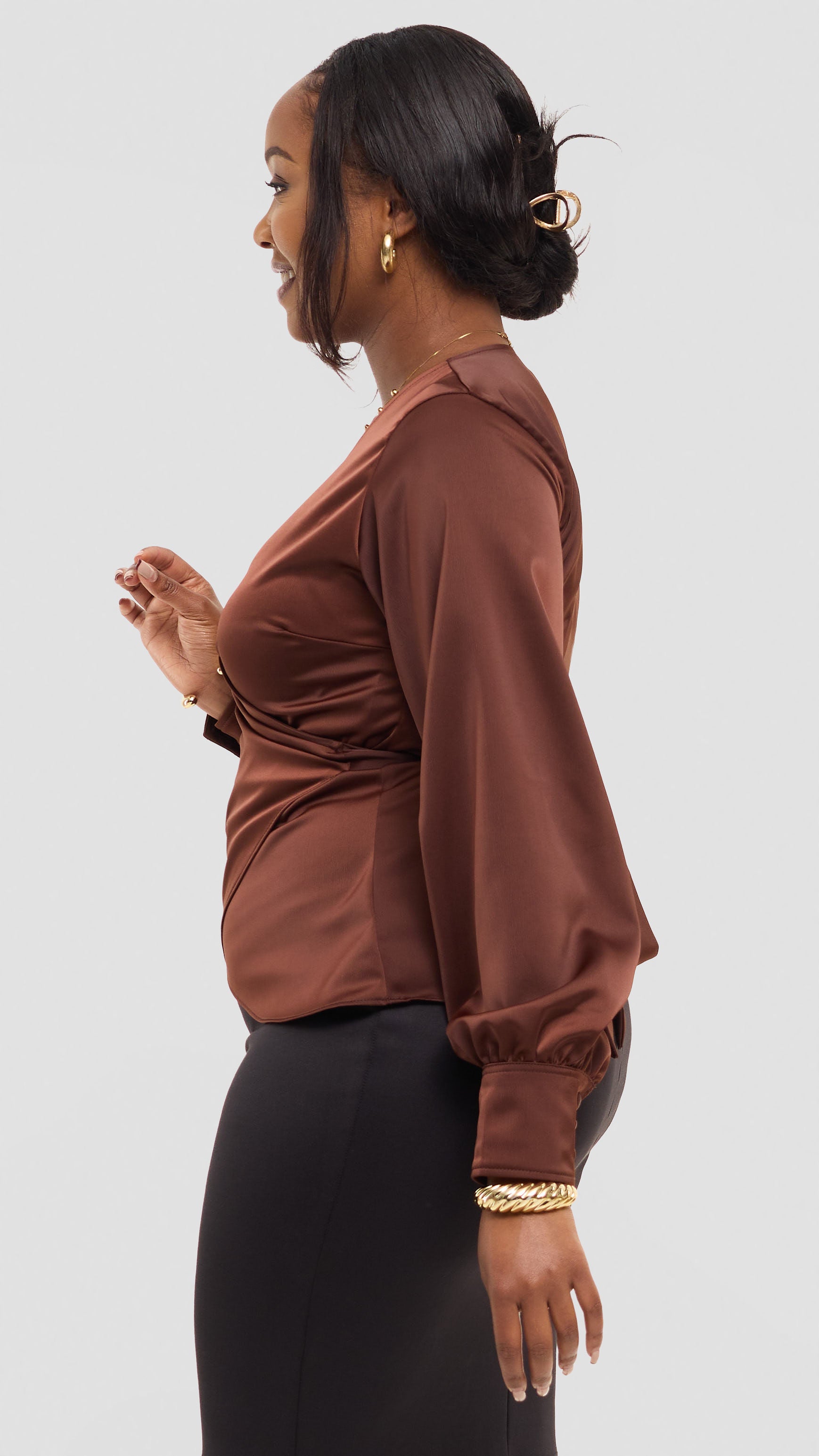 Vivo Merika Wrap Top in Satin - Chocolate
