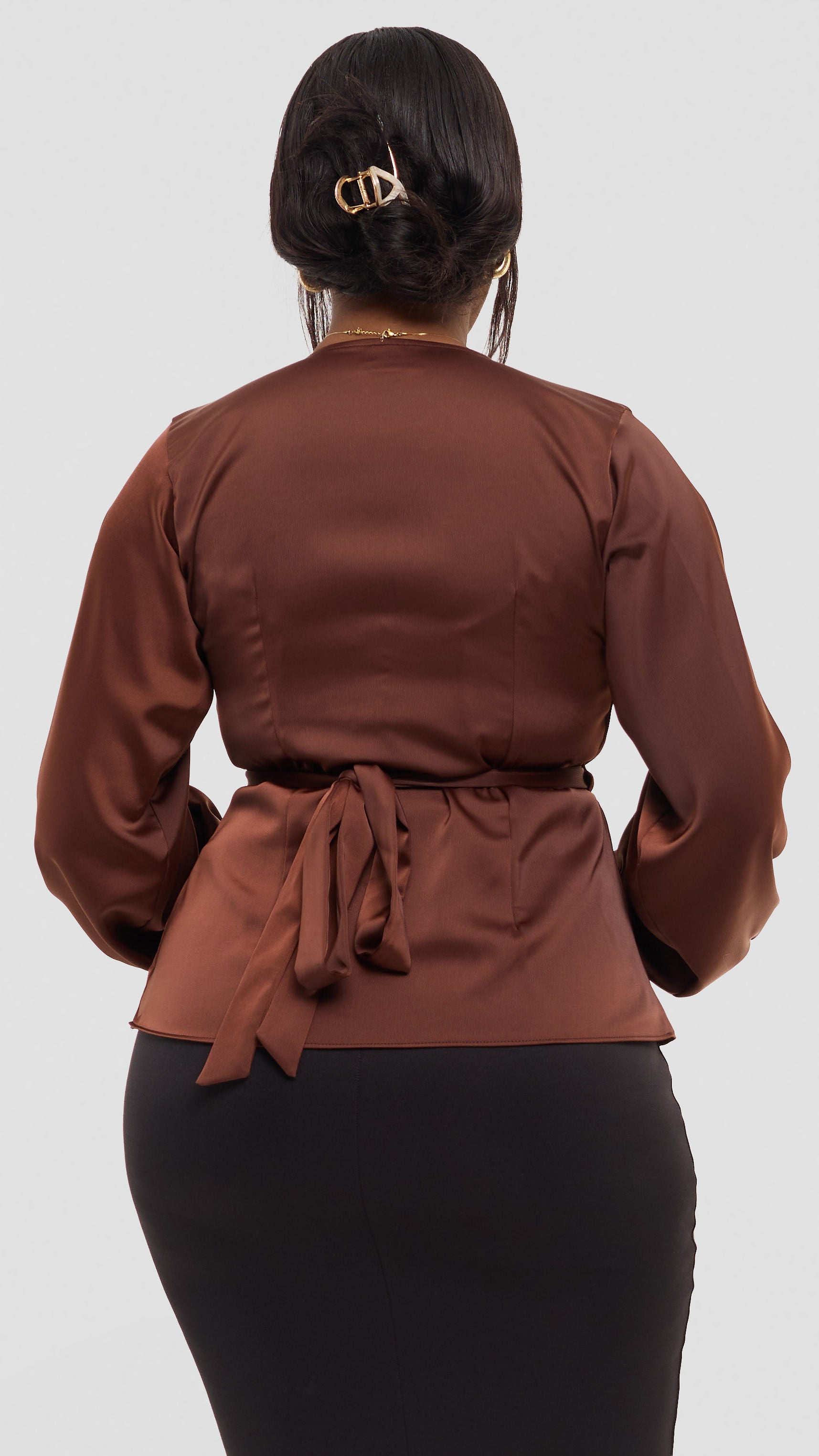 Vivo Merika Wrap Top in Satin - Chocolate