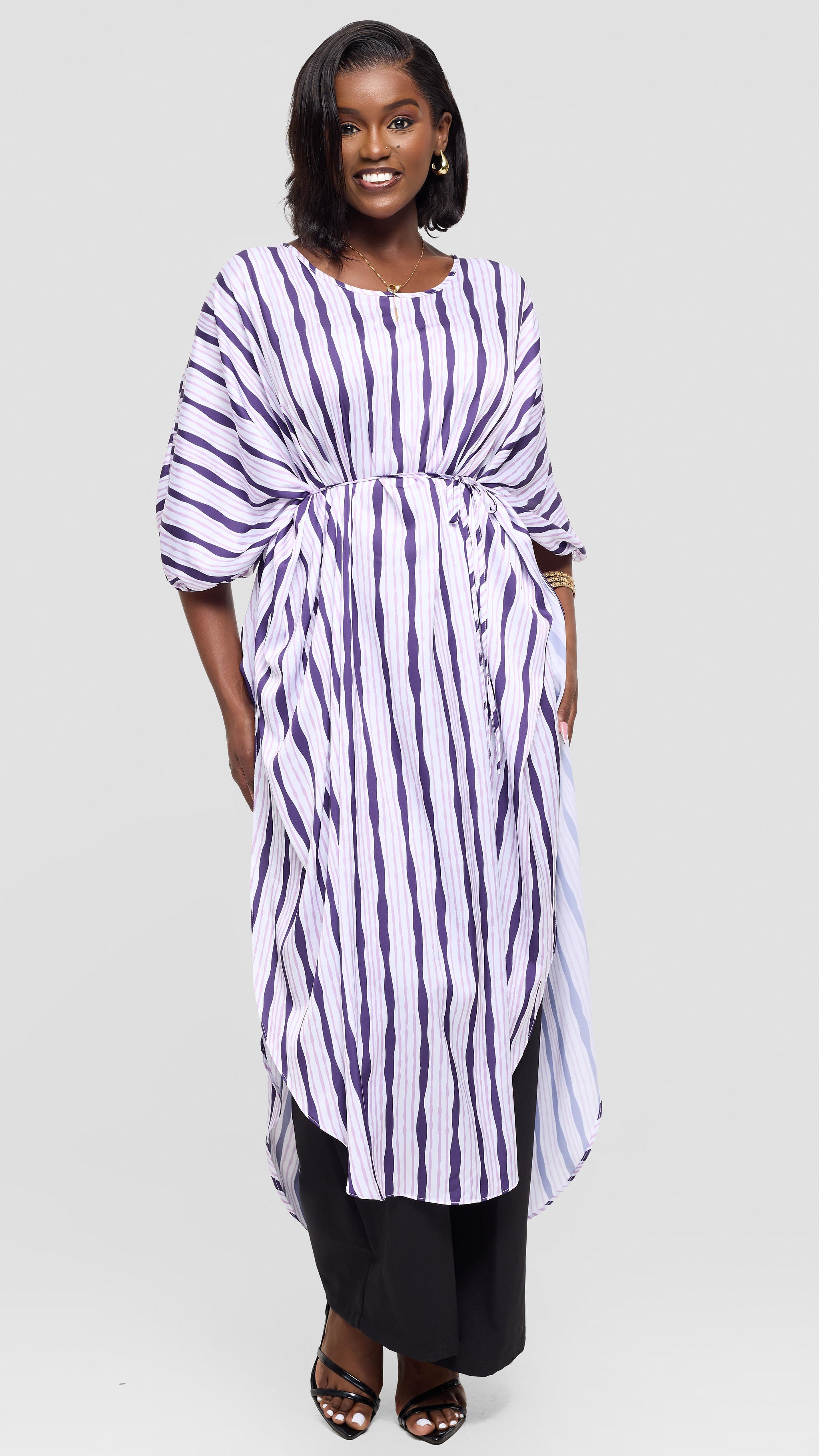 Vivo Essi Scalloped Maxi Top in Satin - Cream / Lilac Huwa Print
