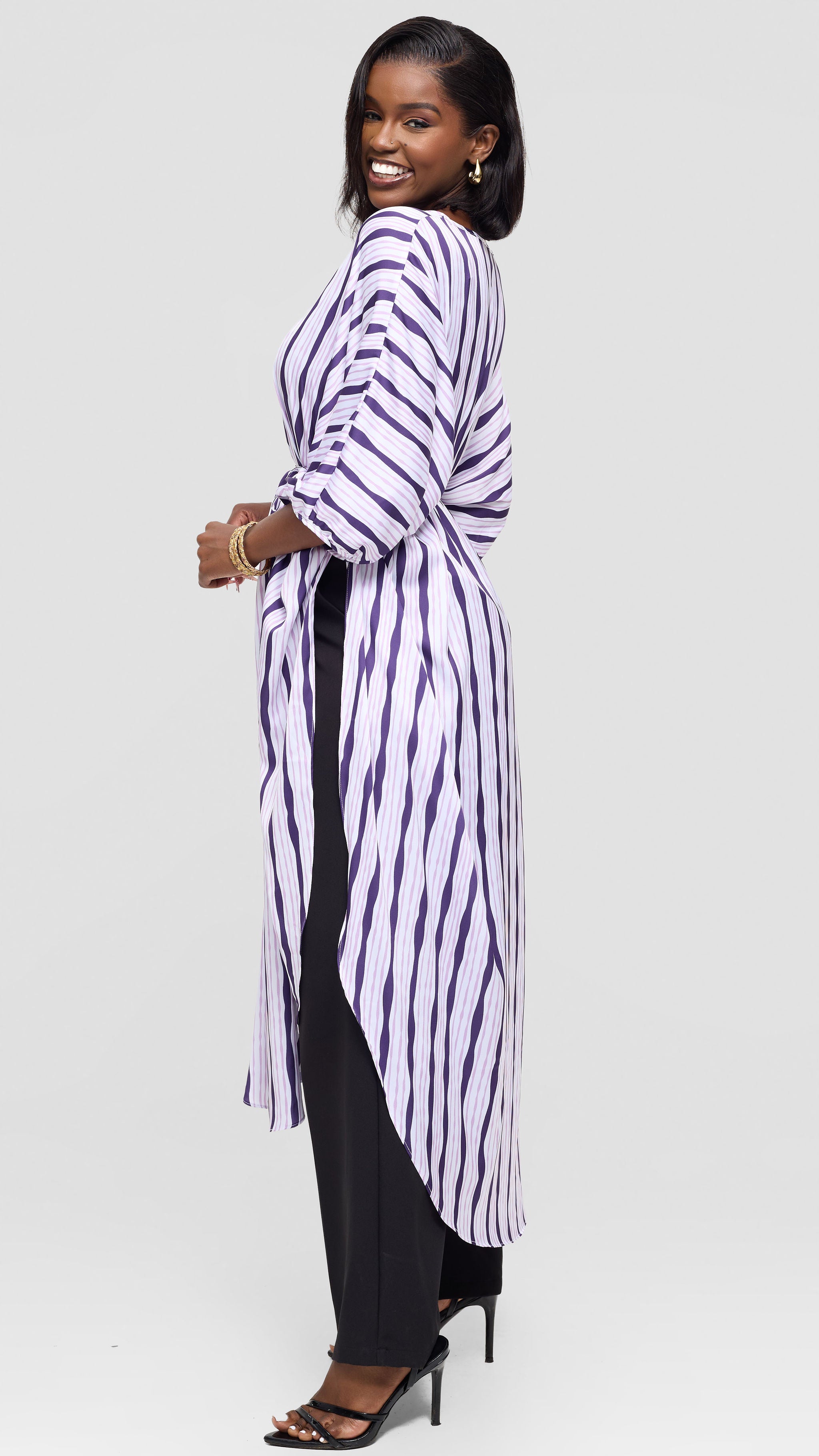 Vivo Essi Scalloped Maxi Top in Satin - Cream / Lilac Huwa Print