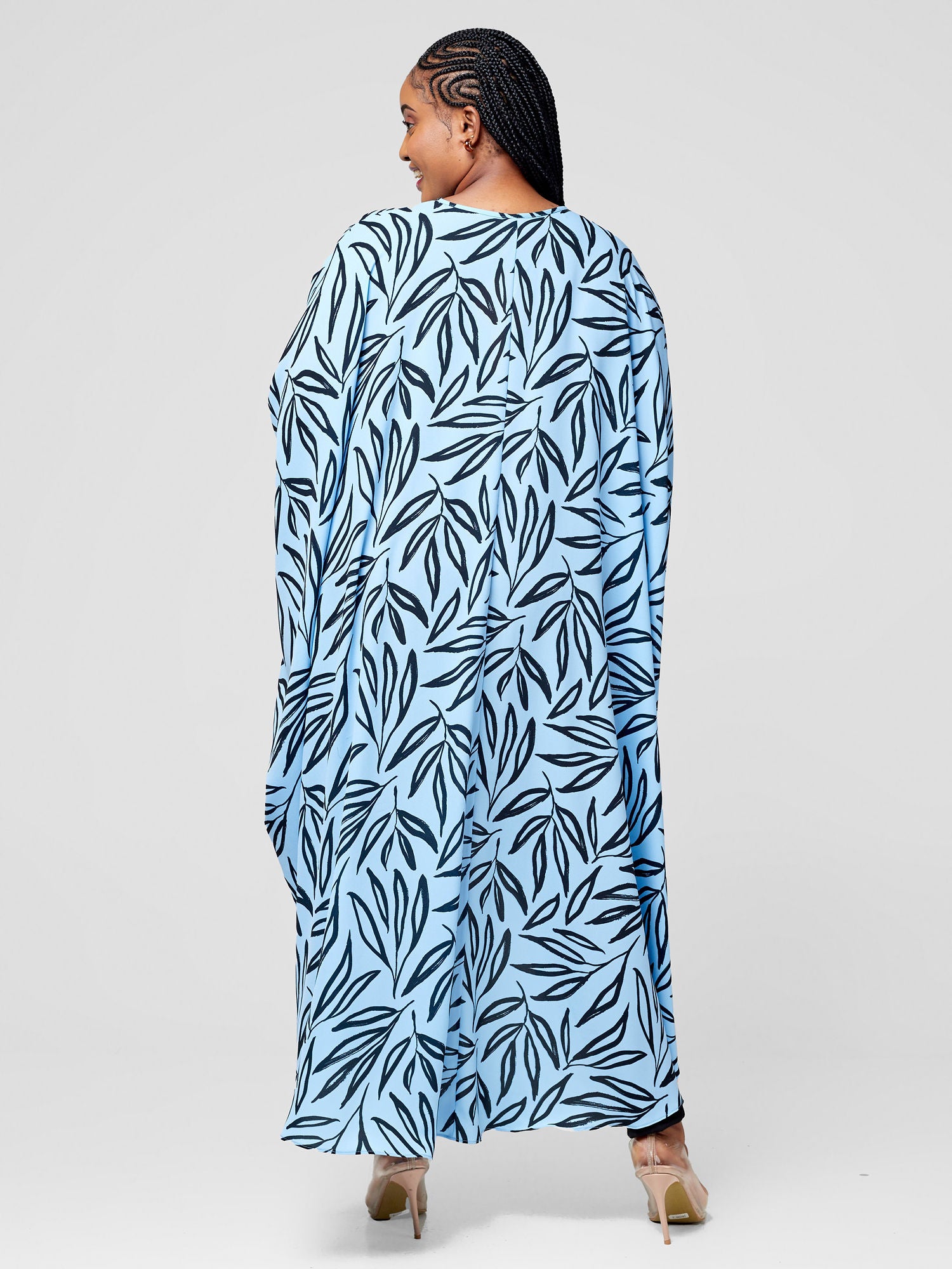 Vivo Malindi V-Neck High Low Kaftan Top - Light Blue / Black Kasai Print