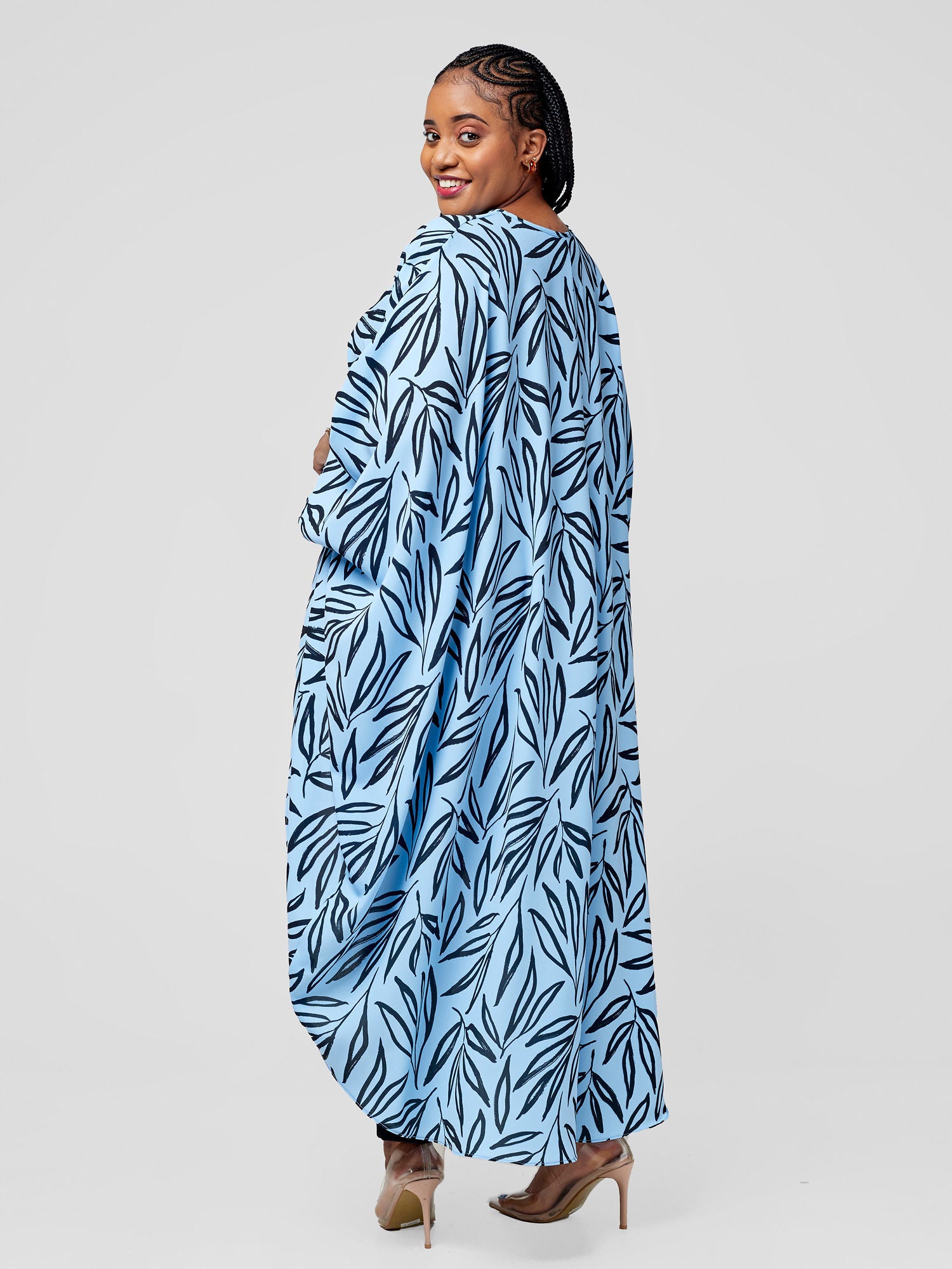 Vivo Malindi V-Neck High Low Kaftan Top - Light Blue / Black Kasai Print