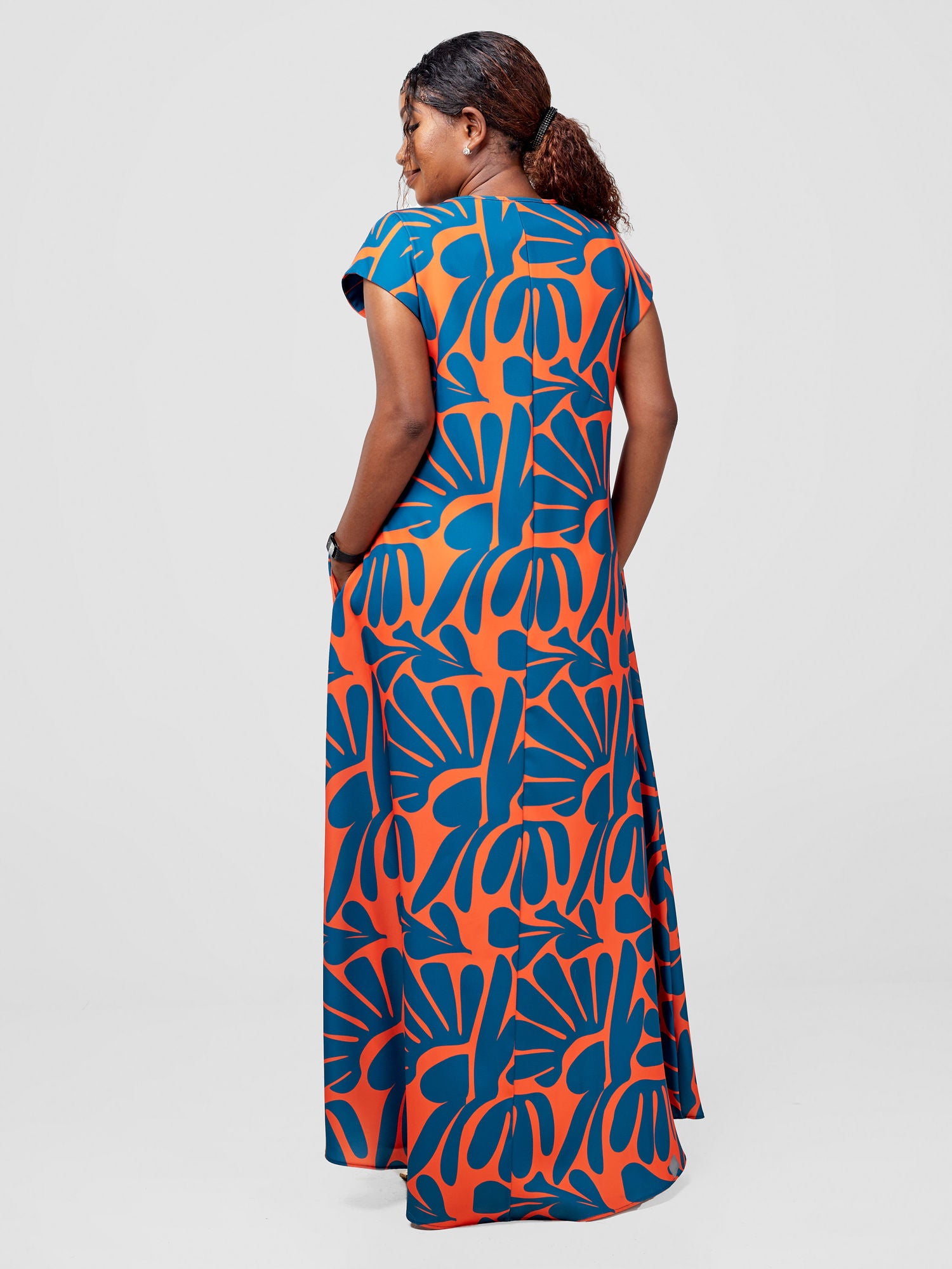 Vivo Zola V Neck Cap Sleeve Maxi Dress  - Orange Amari Print