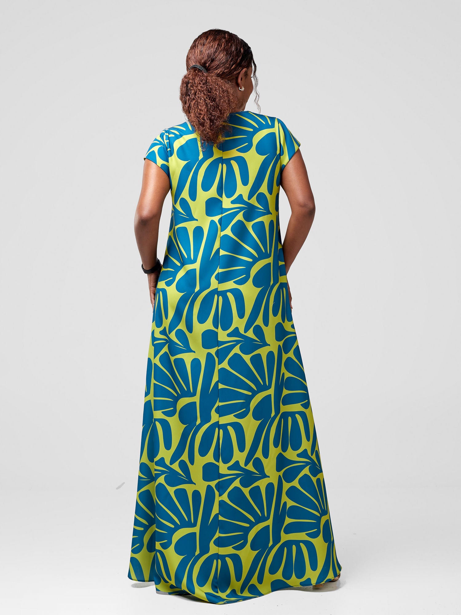 Vivo Zola V Neck Cap Sleeve Maxi Dress  - Teal Amari Print