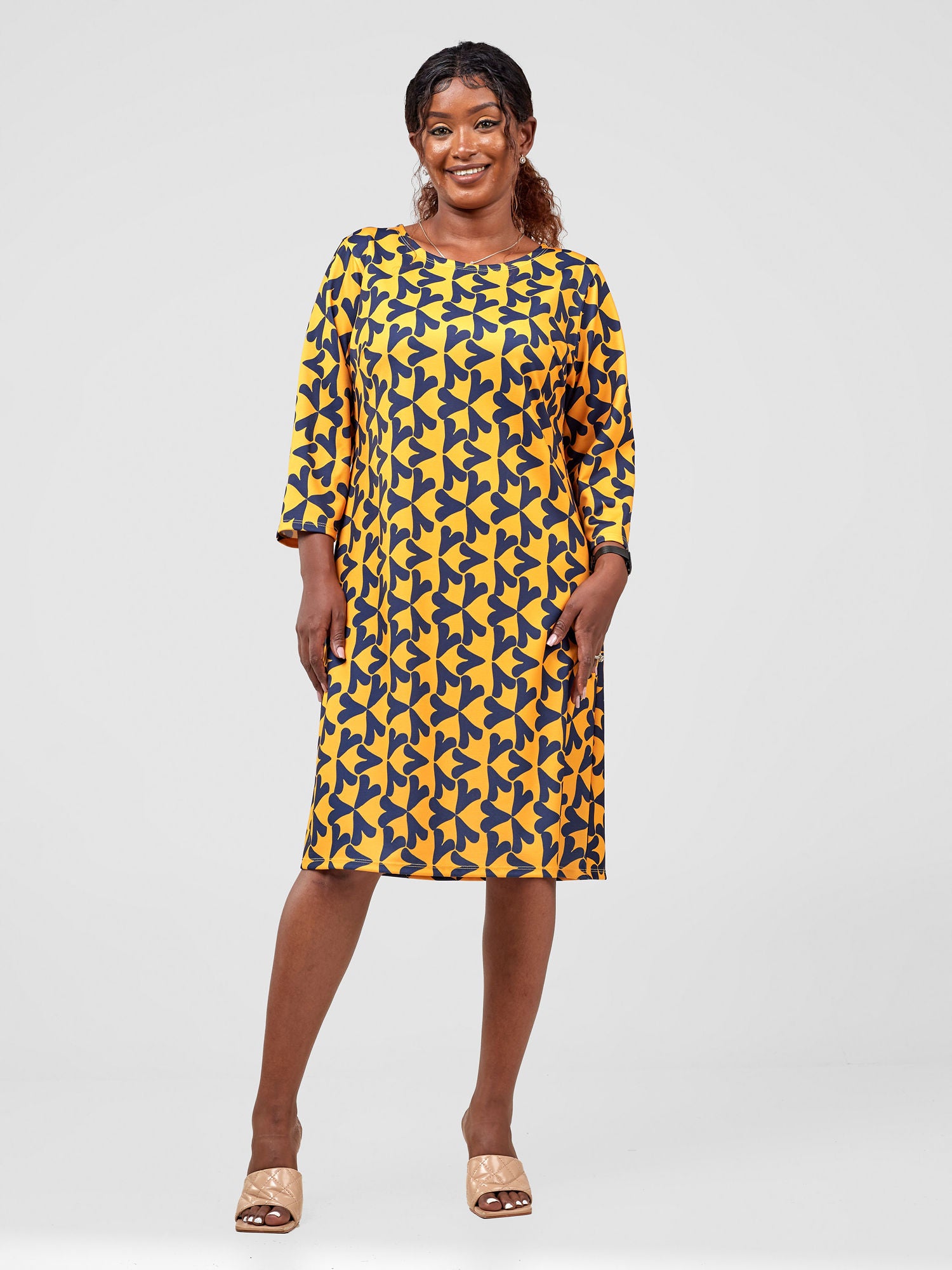 Vivo Tatili 3/4 Sleeve A Line Dress - Mustard / Navy Zawi Print