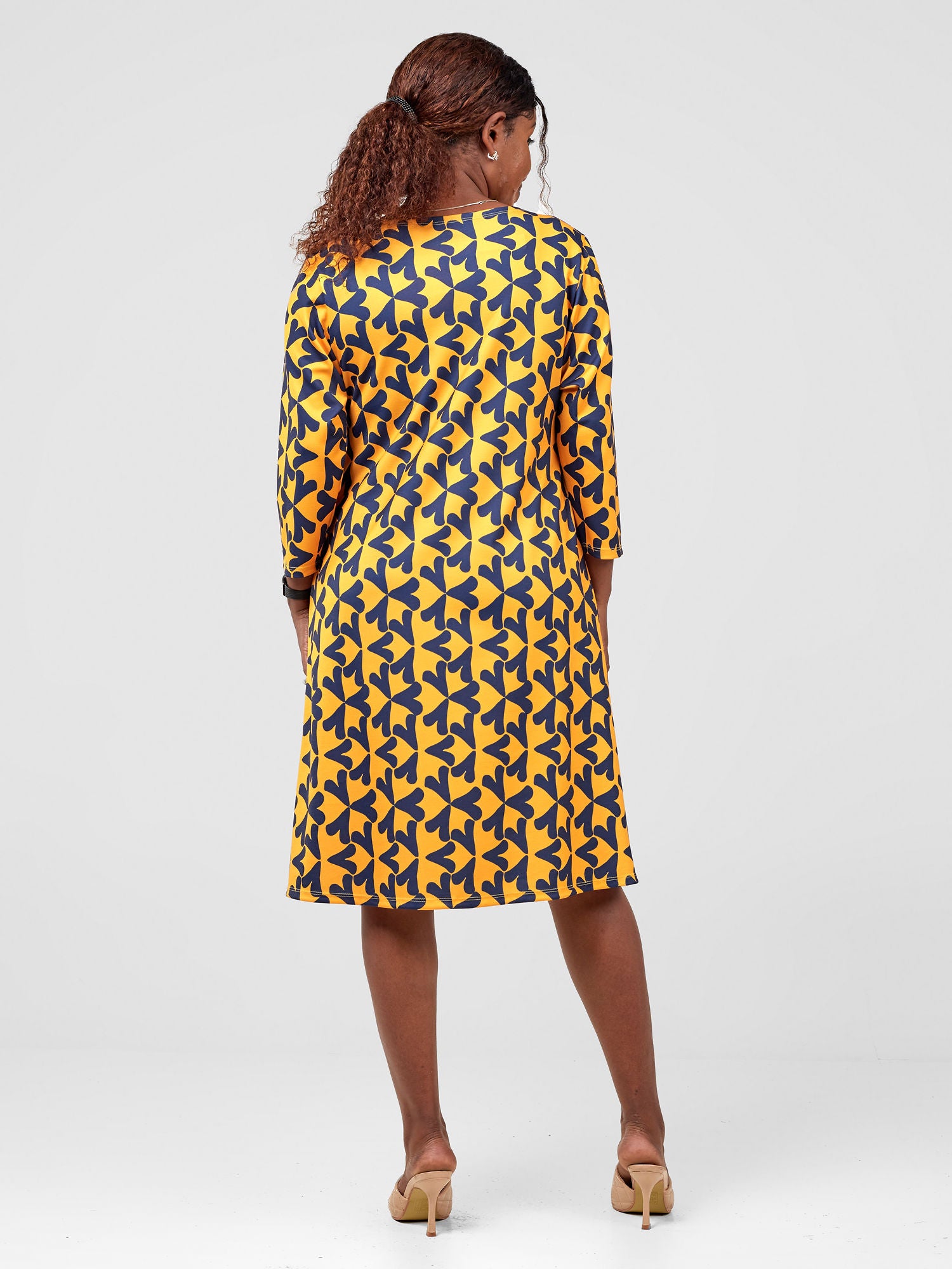 Vivo Tatili 3/4 Sleeve A Line Dress - Mustard / Navy Zawi Print