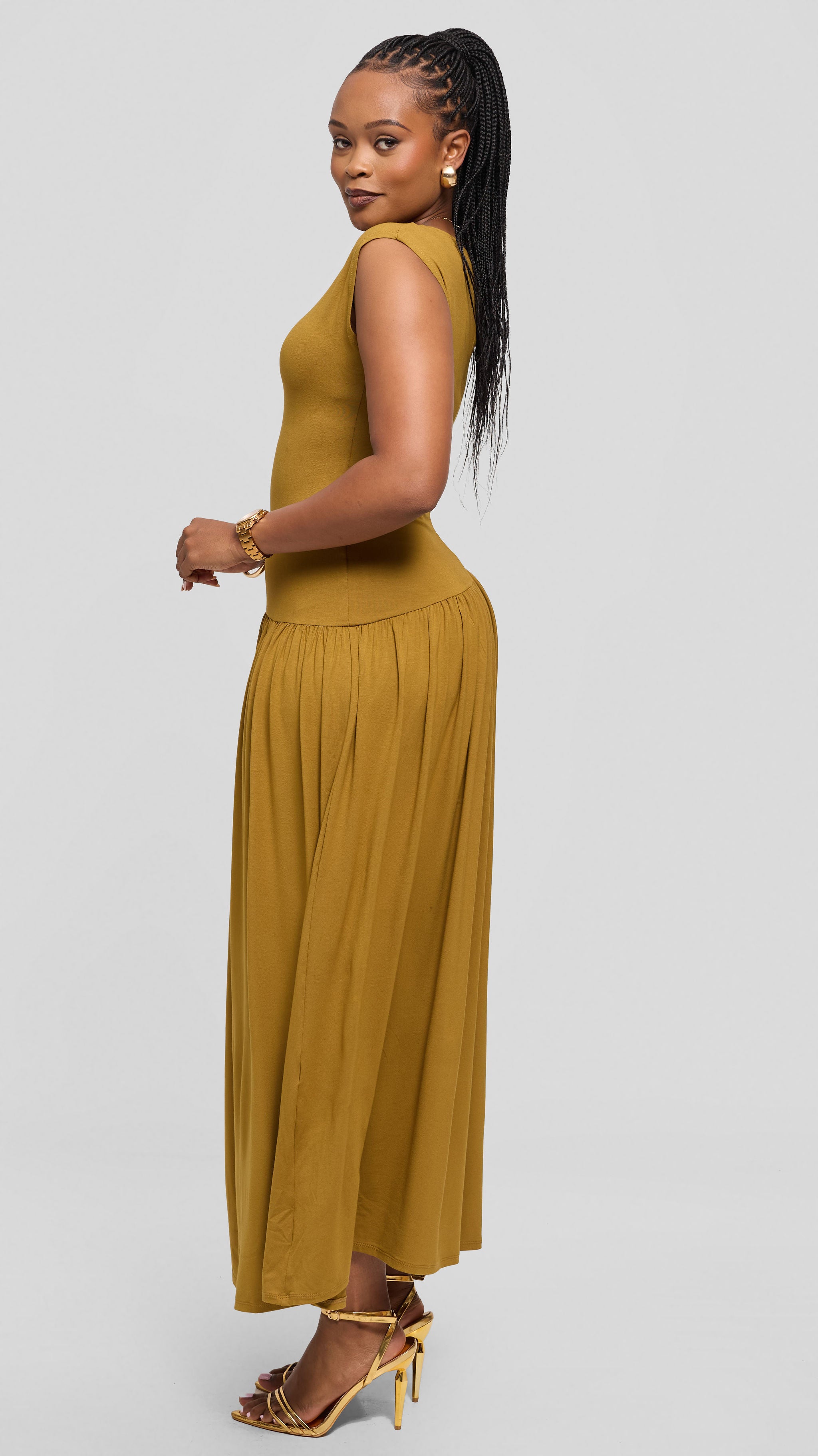 Vivo Extended Sleeve Maxi Dress in Jersey - Dark Olive
