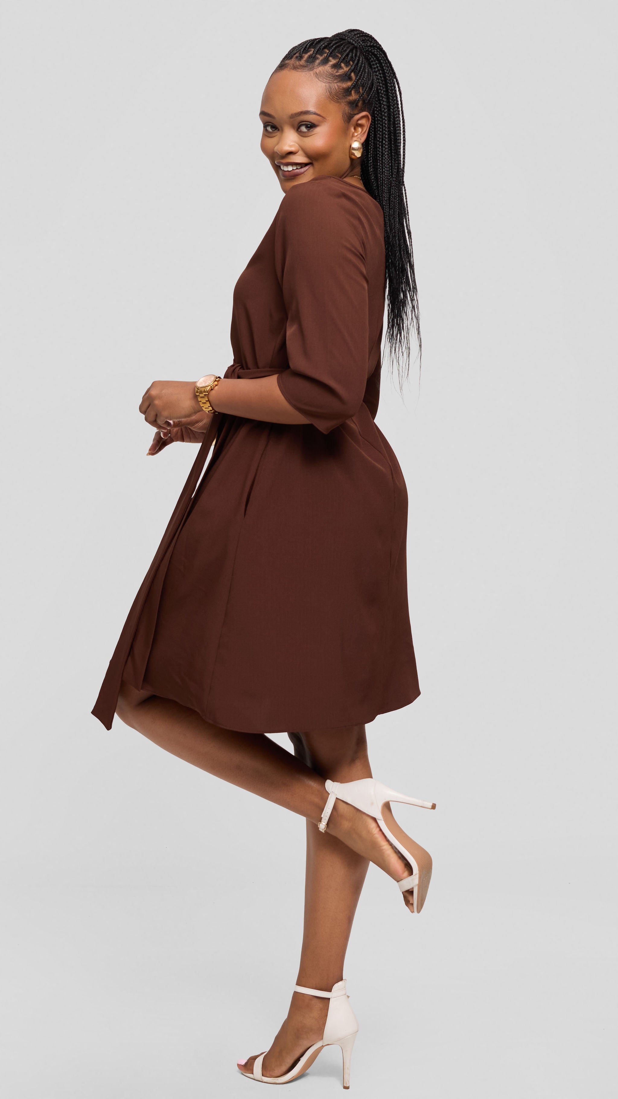 Vivo Laika 3/4 Sleeve Tent Dress in Crepe - Chocolate