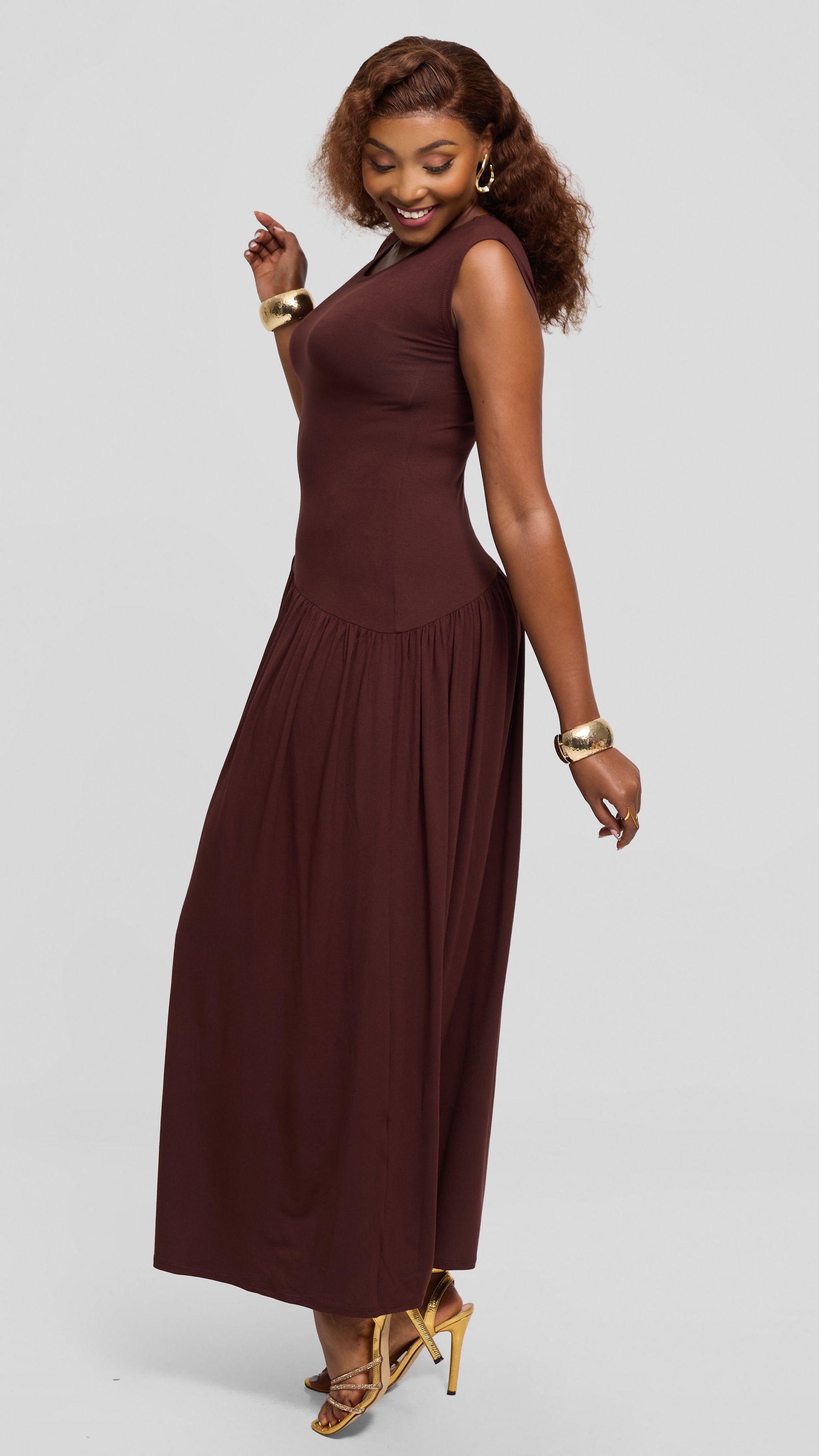 Vivo Extended Sleeve Maxi Dress in Jersey - Chocolate