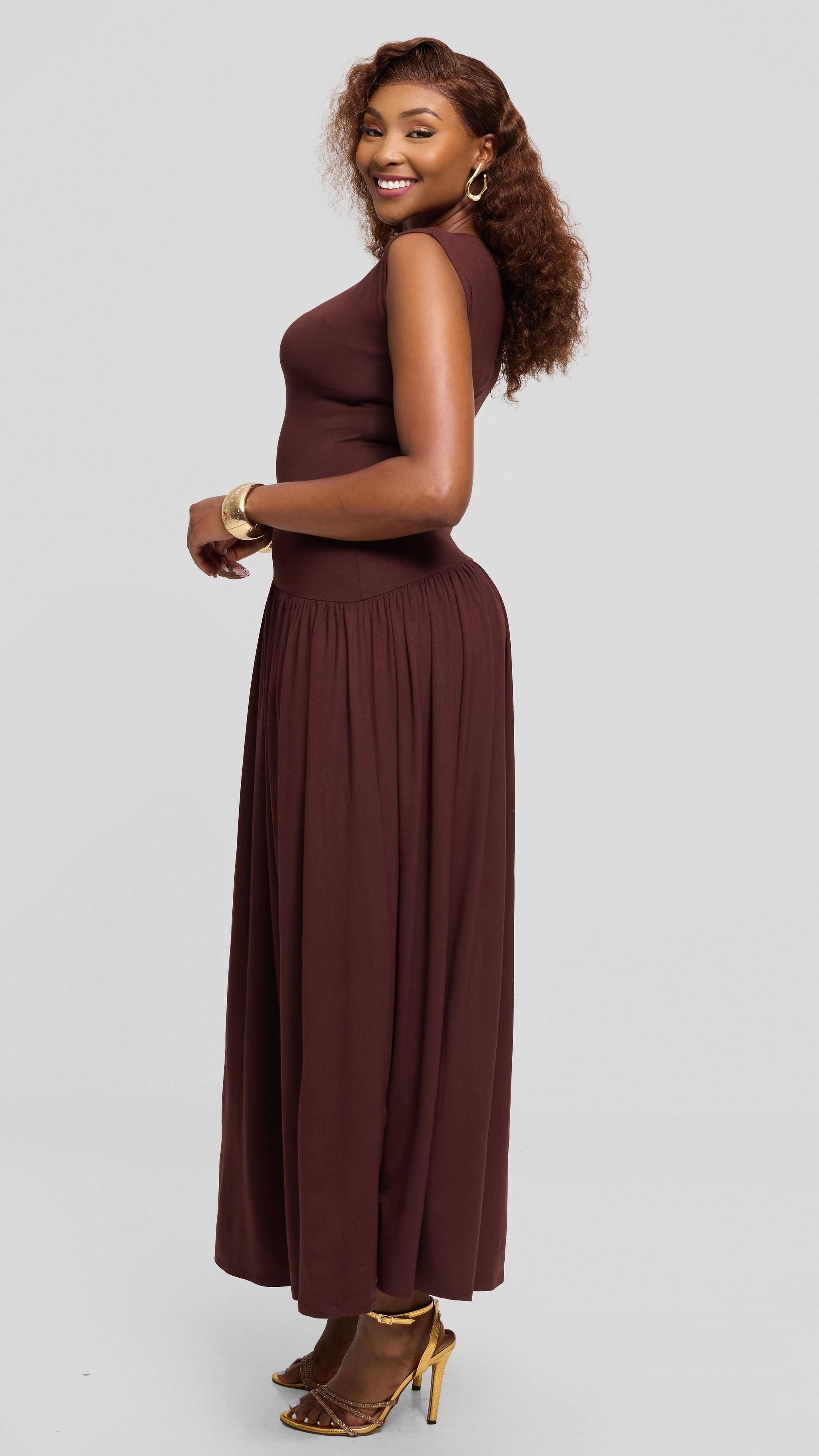 Vivo Extended Sleeve Maxi Dress in Jersey - Chocolate