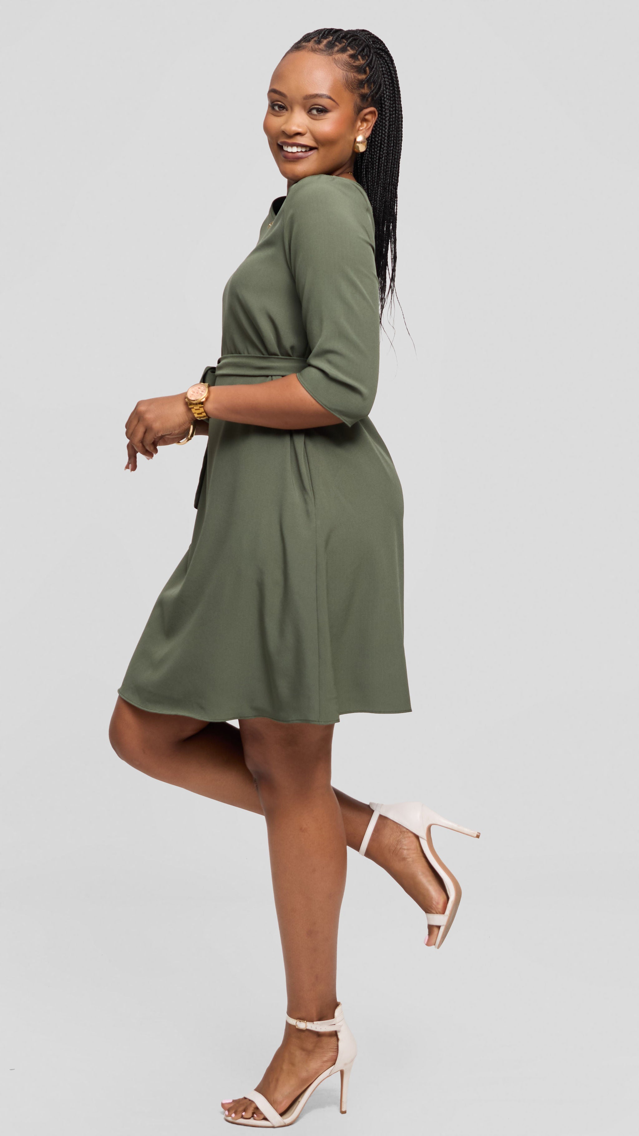Vivo Laika 3/4 Sleeve Tent Dress in Crepe - Dark Olive Green