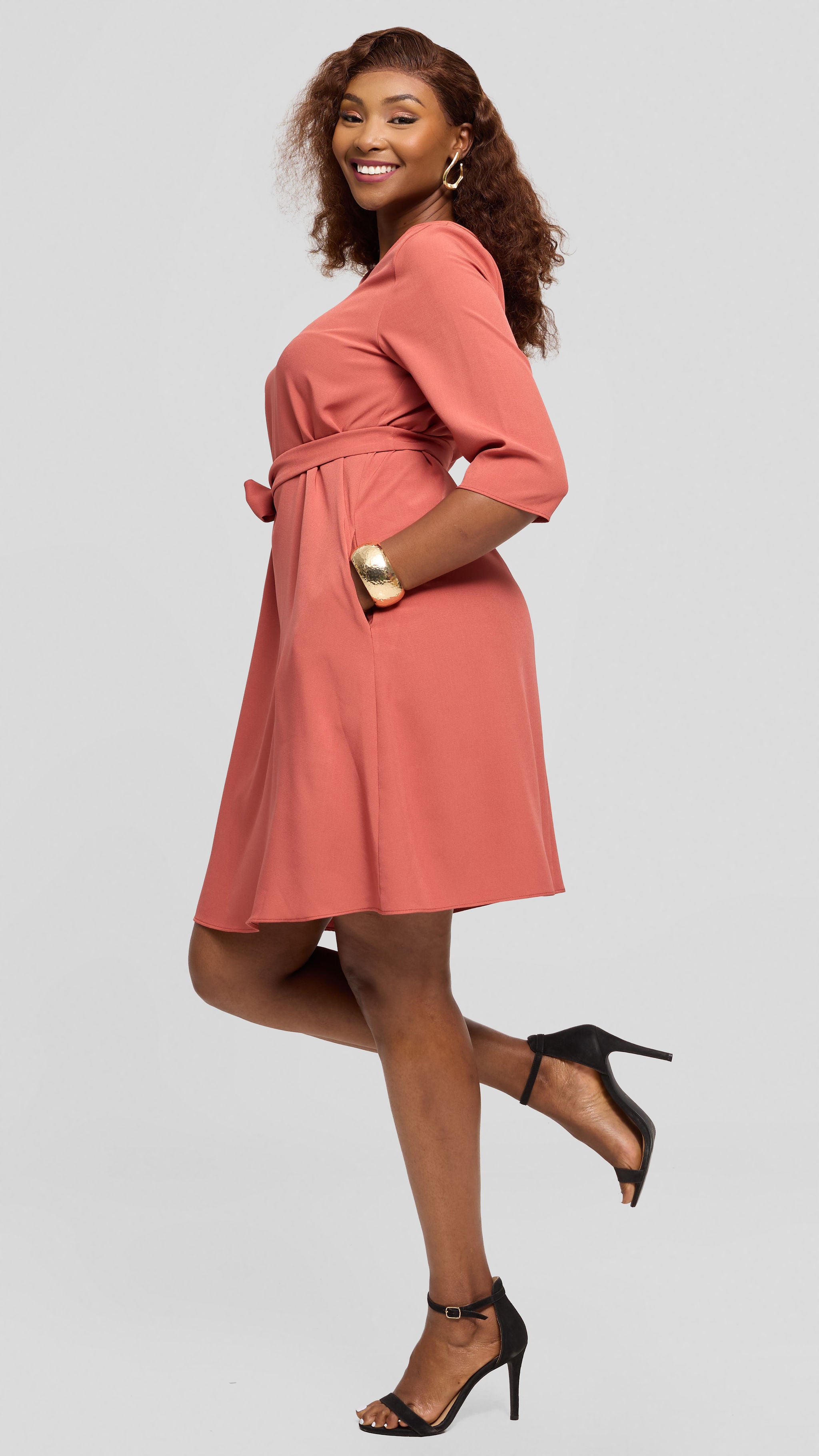 Vivo Laika 3/4 Sleeve Tent Dress in Crepe - Peach