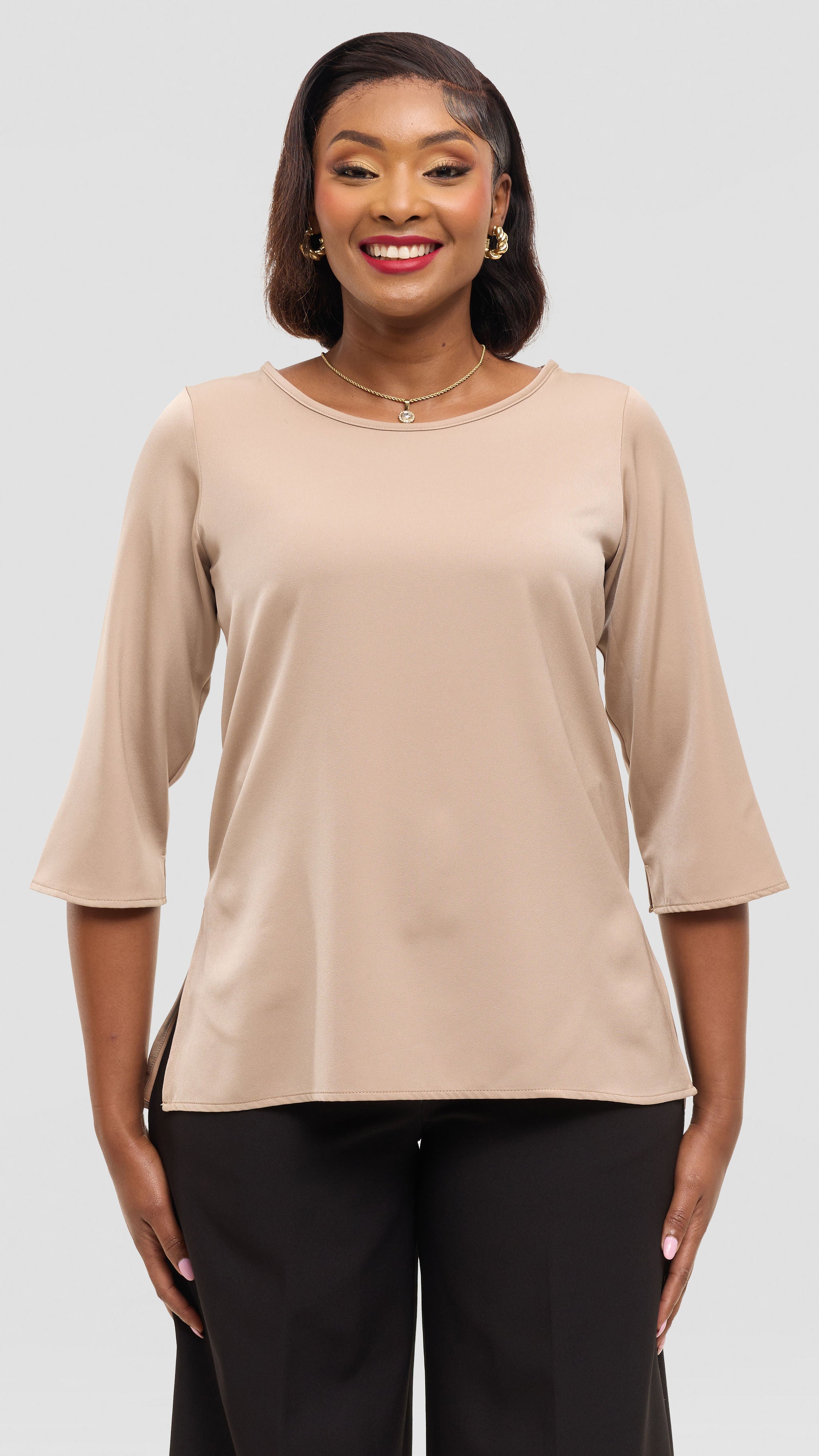 Vivo 3/4 Sleeve Side Slit Top in Satin - Beige